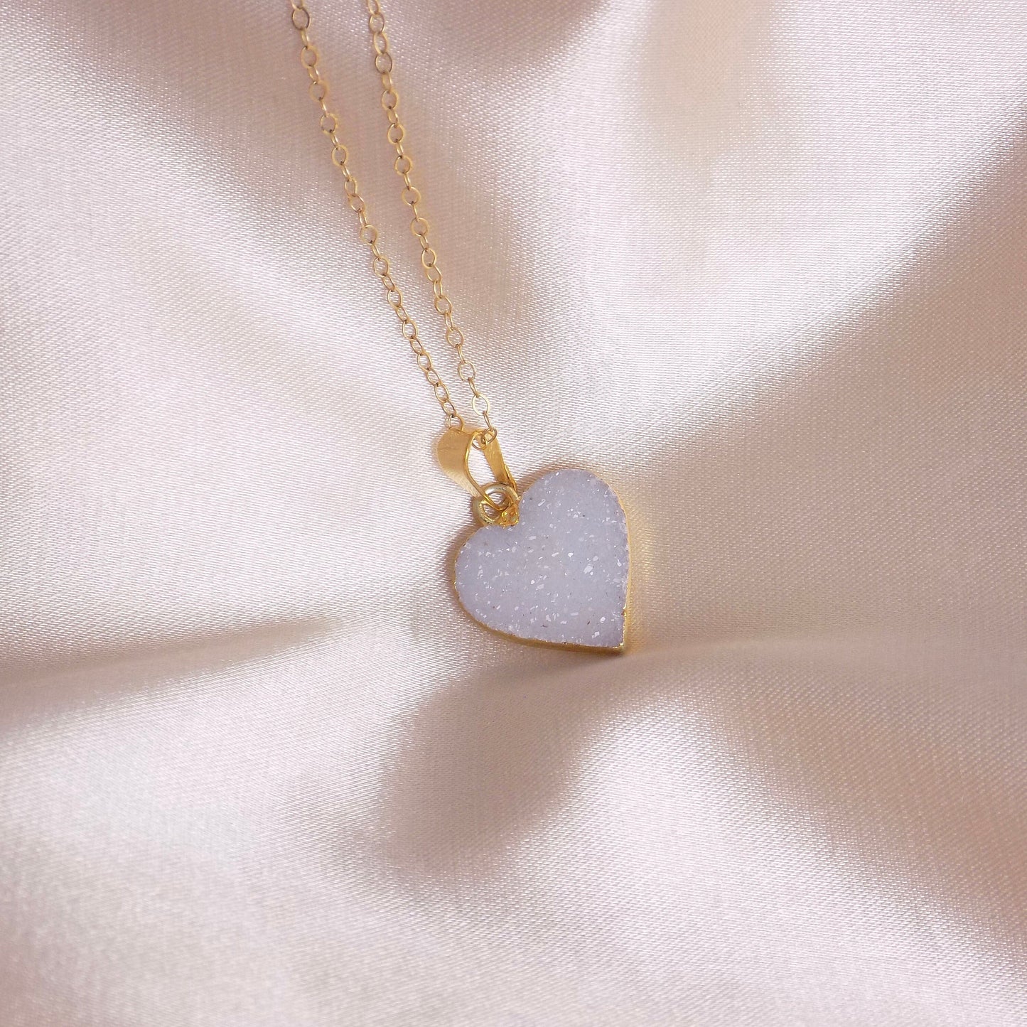 Heart Gemstone Necklace Gold, Minimalist Druzy Pendant, Gifts For Her, G14-842