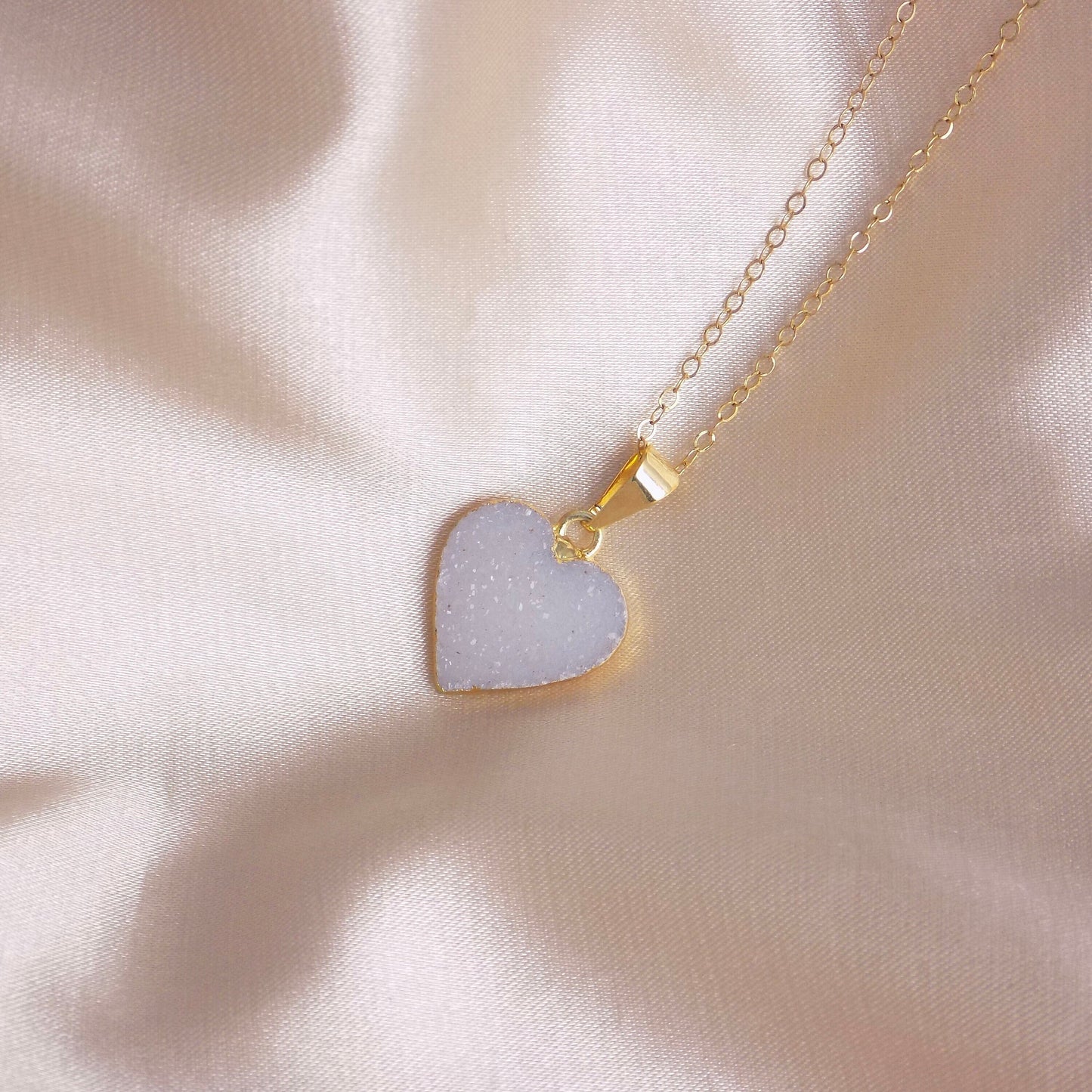 Heart Gemstone Necklace Gold, Minimalist Druzy Pendant, Gifts For Her, G14-842