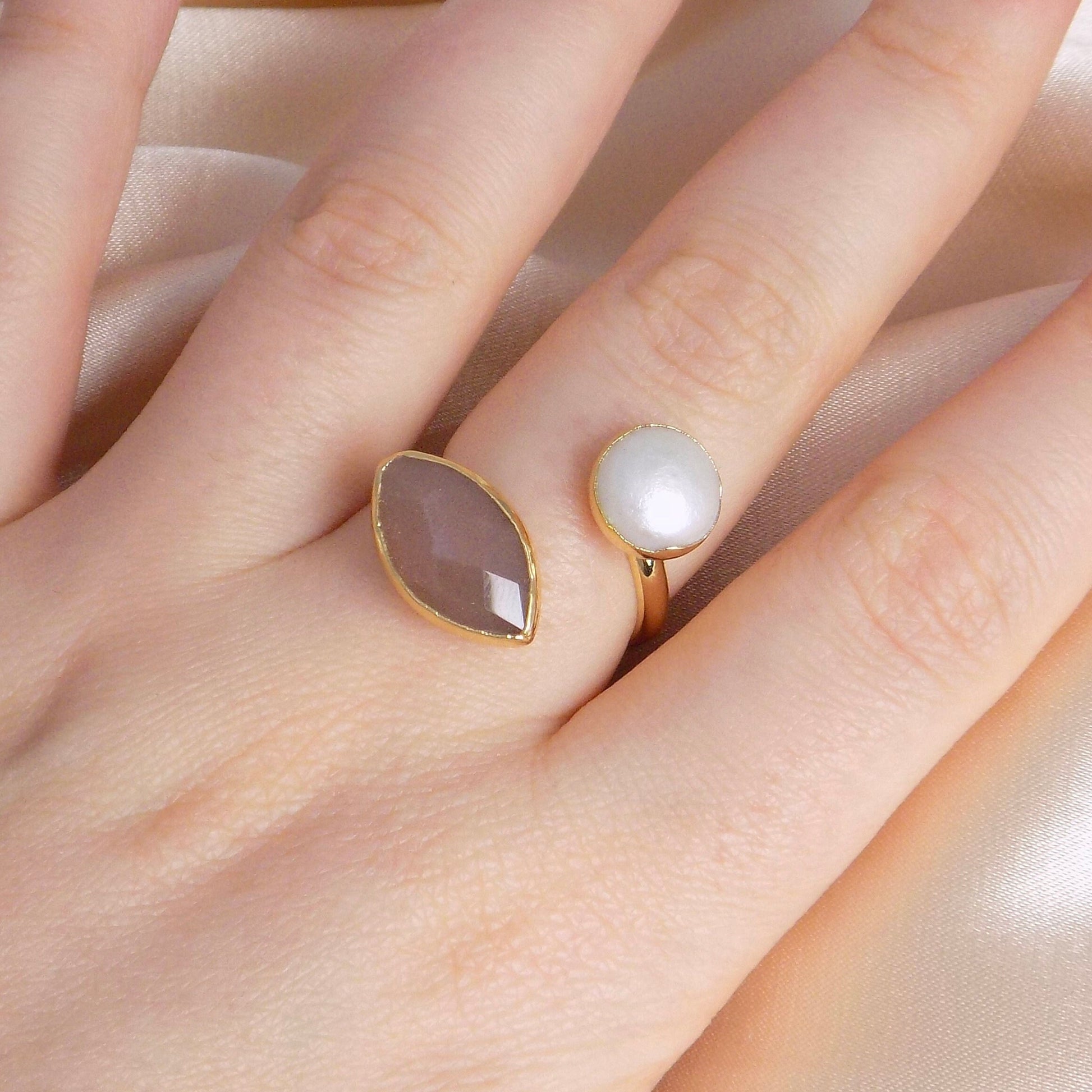 Sunstone And Pearl Multi Stone Ring Gold Plated Adjustable, Mothers Day Gift, M6-781