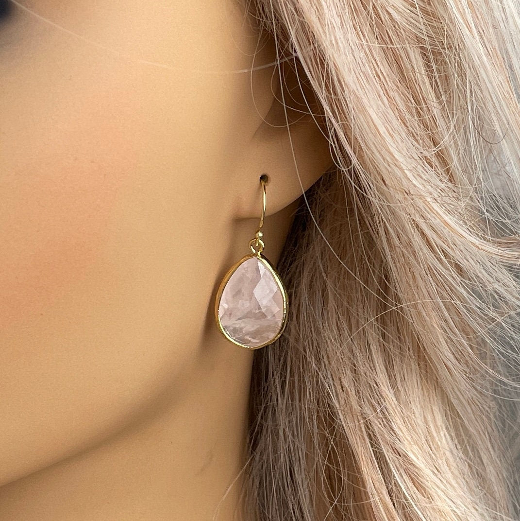 Mothers Day Gift, Rose Quartz Drop Earrings Gold, Large Teardrop Gemstone Earring, Heart Chakra Crystals, M6-789