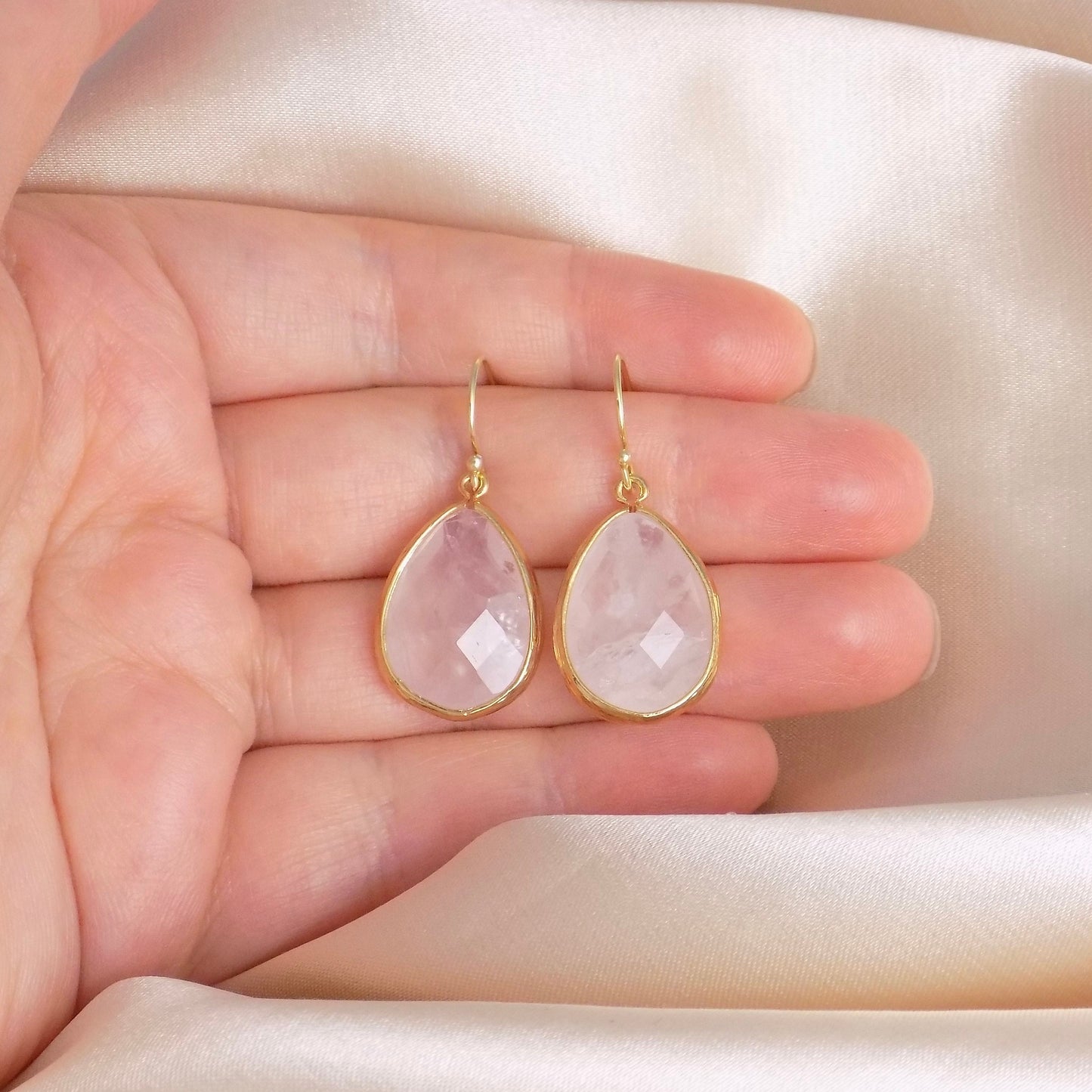 Mothers Day Gift, Rose Quartz Drop Earrings Gold, Large Teardrop Gemstone Earring, Heart Chakra Crystals, M6-789