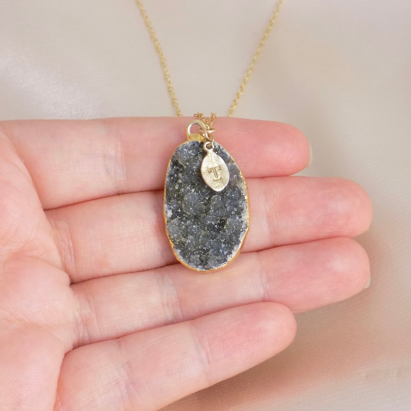 Personalized Natural Druzy Necklace Gold, Dark Gray Crystal Pendant, Christmas Gift For Her, G13-503