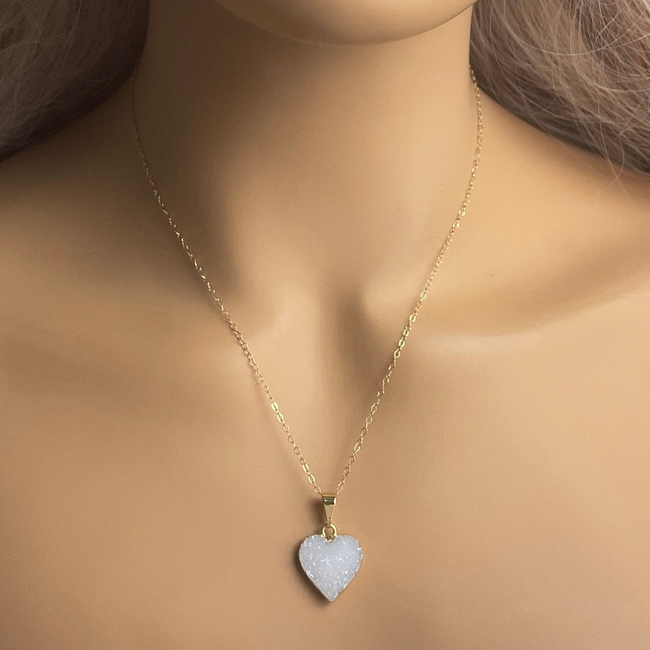 Heart Gemstone Necklace Gold, Minimalist Druzy Pendant, Gifts For Her, G14-842