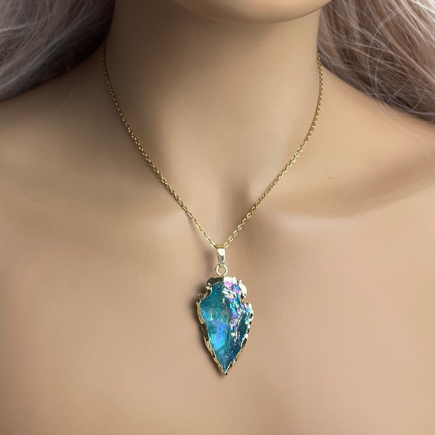 Turquoise Aura Quartz Arrowhead Necklace Gold, Unique Iridescent Crystal Jewelry Boho, Gift For Her, M7-142