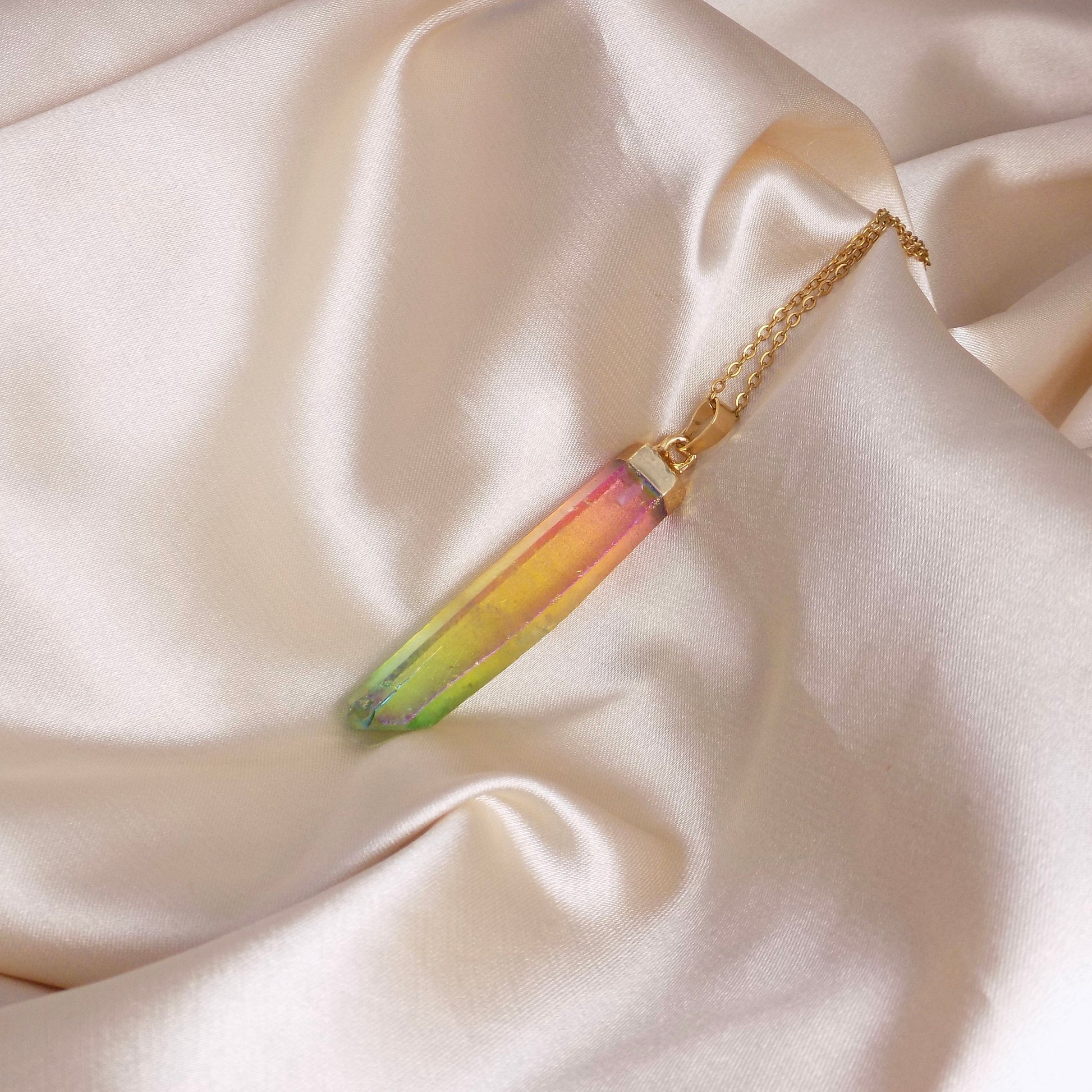 Rainbow Aura Quartz Necklace Gold, Unique Iridescent Crystal Jewelry Boho, Gift For Her, M7-05