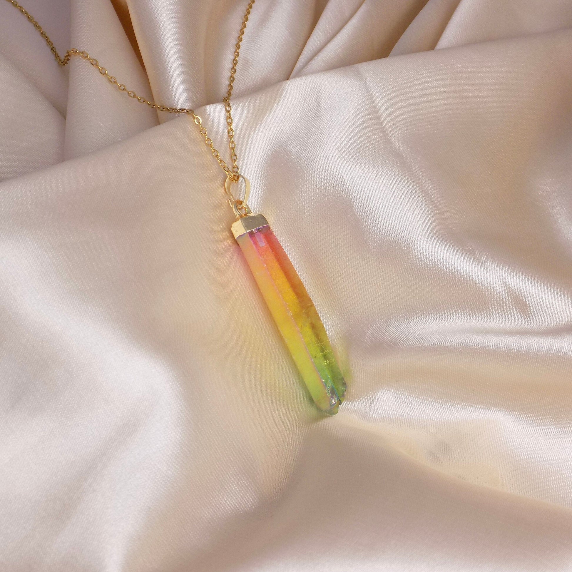 Rainbow Aura Quartz Necklace Gold, Unique Iridescent Crystal Jewelry Boho, Gift For Her, M7-05