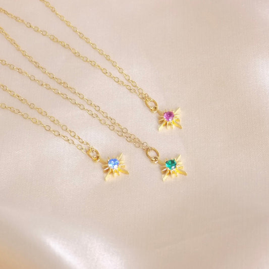 Tiny Birthstone Necklace, Colorful Starburst Charm, Customized Birthday Gift For Her, M6-791