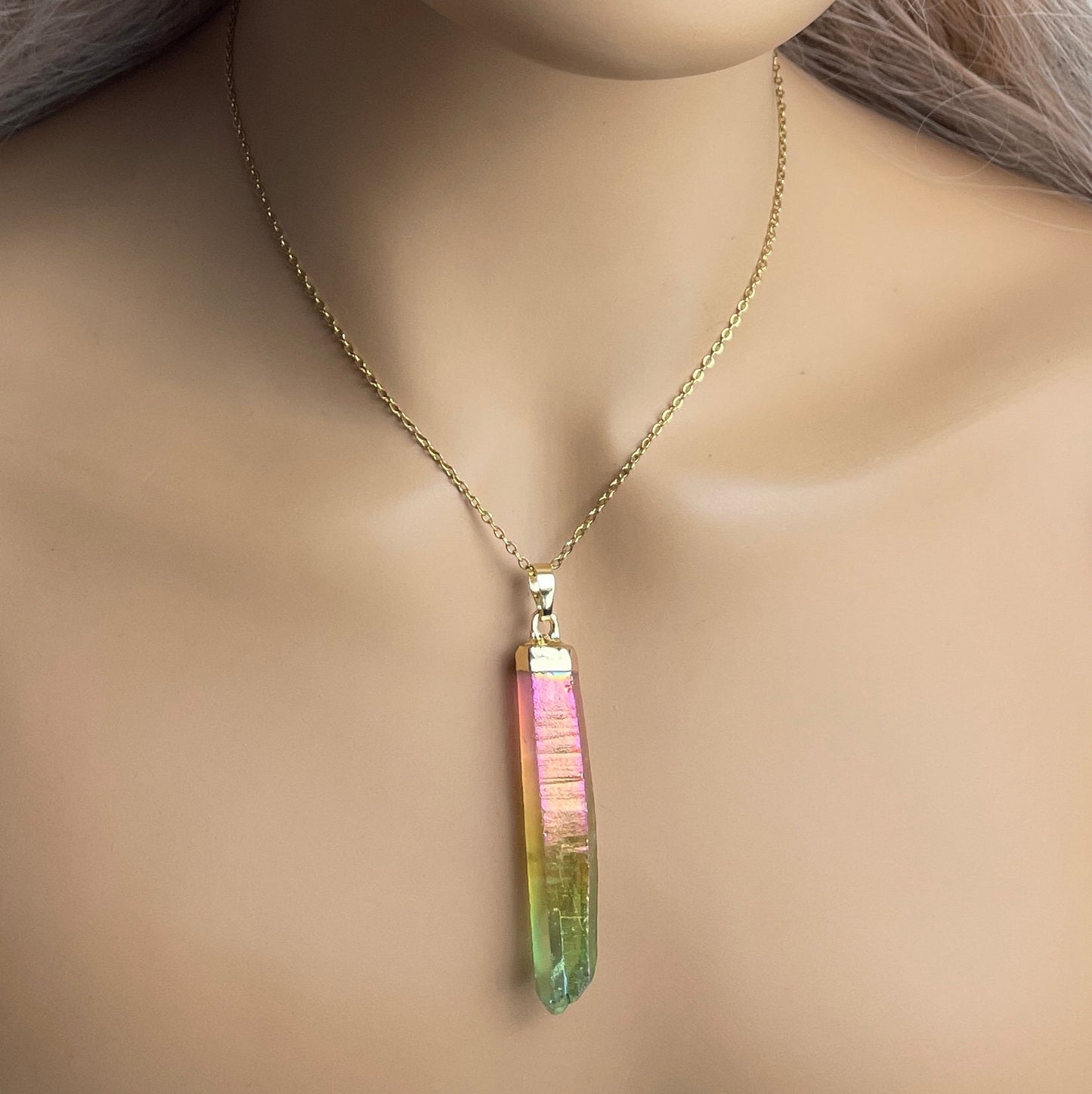 Colorful Aura Quartz Necklace Gold, Rainbow Crystal Jewelry Boho, Pick Your Stone, Christmas Gift For Her, M7-69