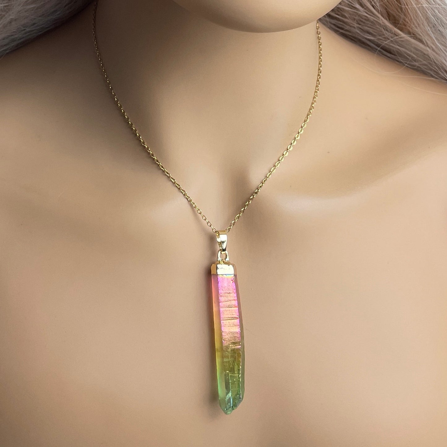 Rainbow Aura Quartz Necklace Gold, Unique Iridescent Crystal Jewelry Boho, Gift For Her, M7-05