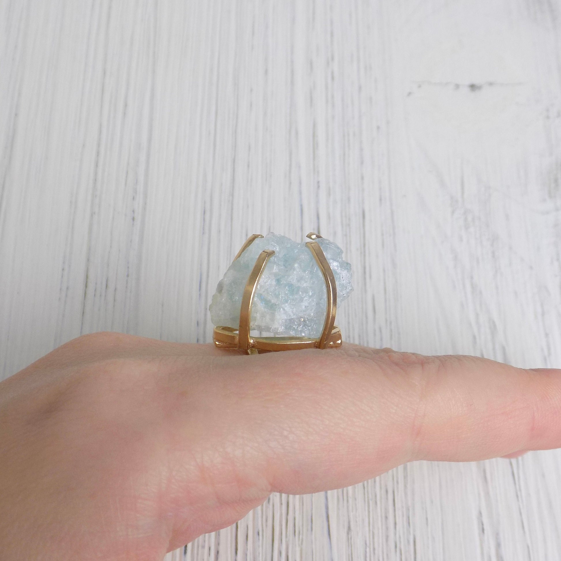 March Birthstone Raw Aquamarine Ring, Gold Adjustable Raw Stone Ring, Light Blue Crystal, G14-130