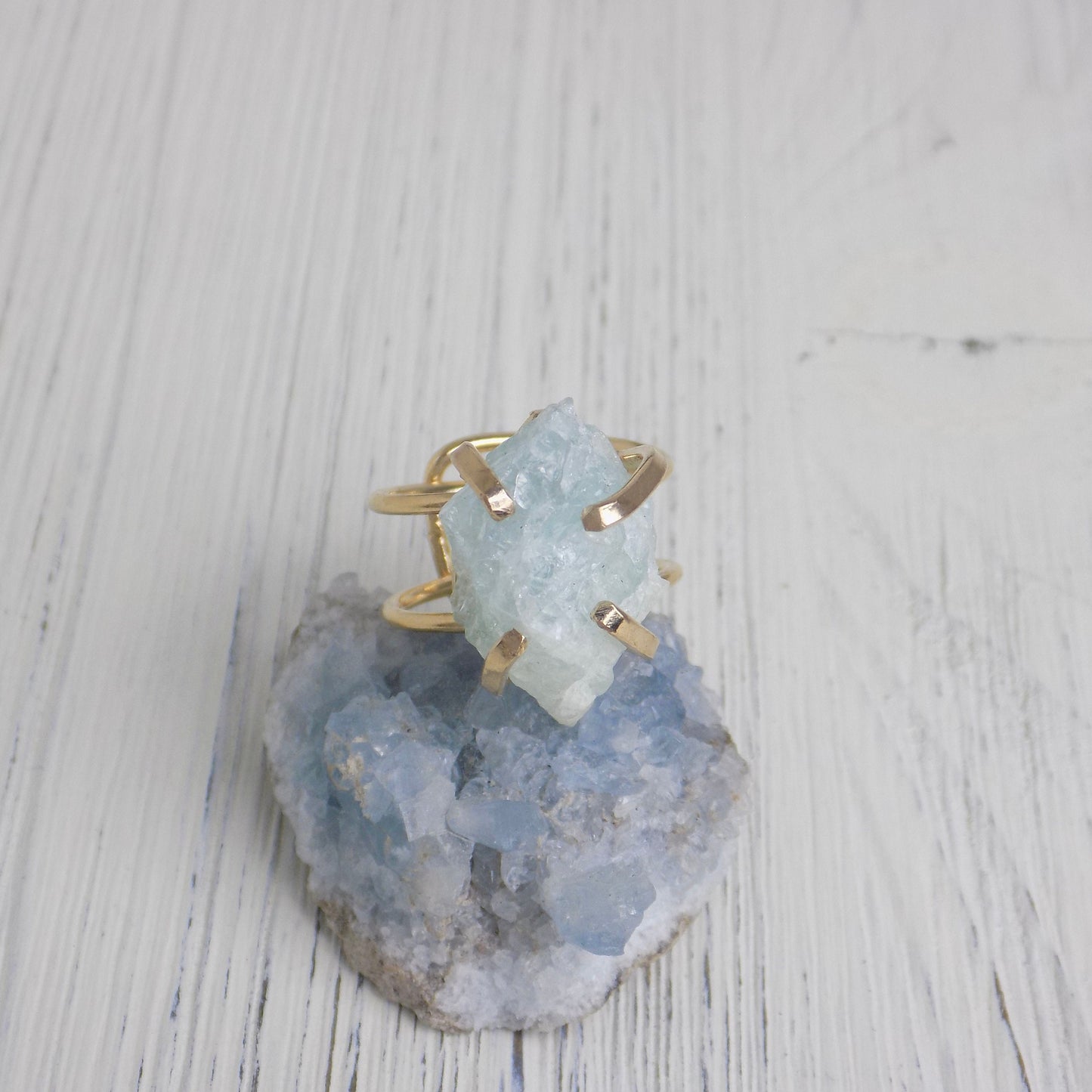 March Birthstone Raw Aquamarine Ring, Gold Adjustable Raw Stone Ring, Light Blue Crystal, G14-130