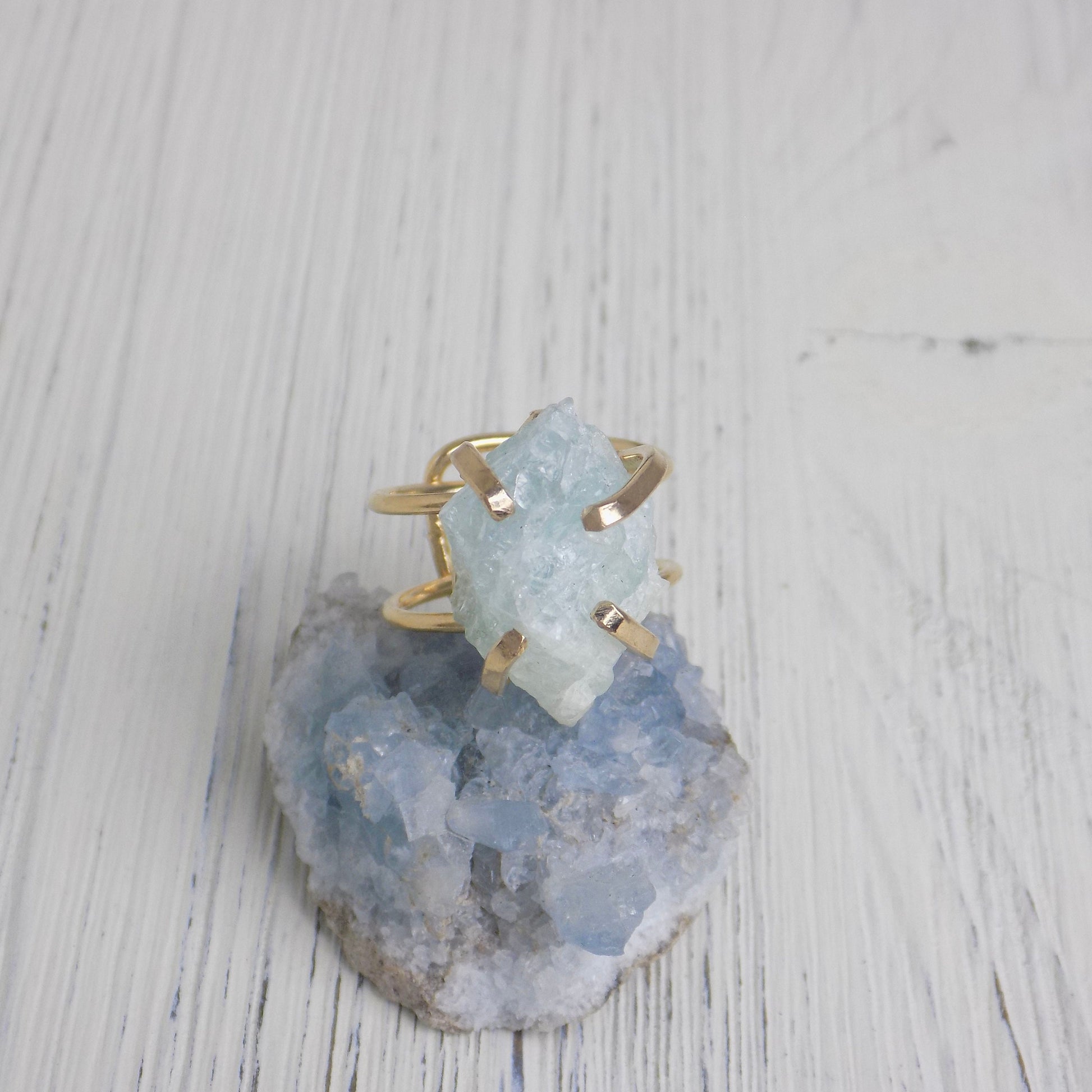 March Birthstone Raw Aquamarine Ring, Gold Adjustable Raw Stone Ring, Light Blue Crystal, G14-130