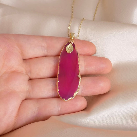 Custom Pink Agate Slice Necklace Gold, Statement Jewelry For Women, Gifts For Mom, G15-59