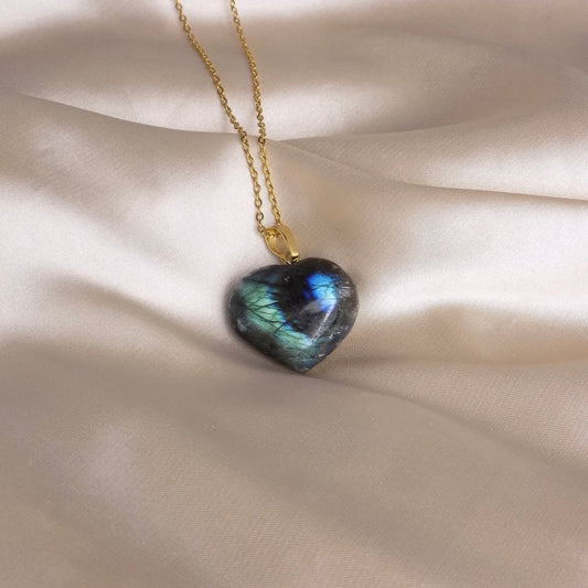 Crystal Heart Pendant Necklace Gold, Labradorite Gemstone, Blue Flash Gray Crystal Pendant, Gift Women, M7-29