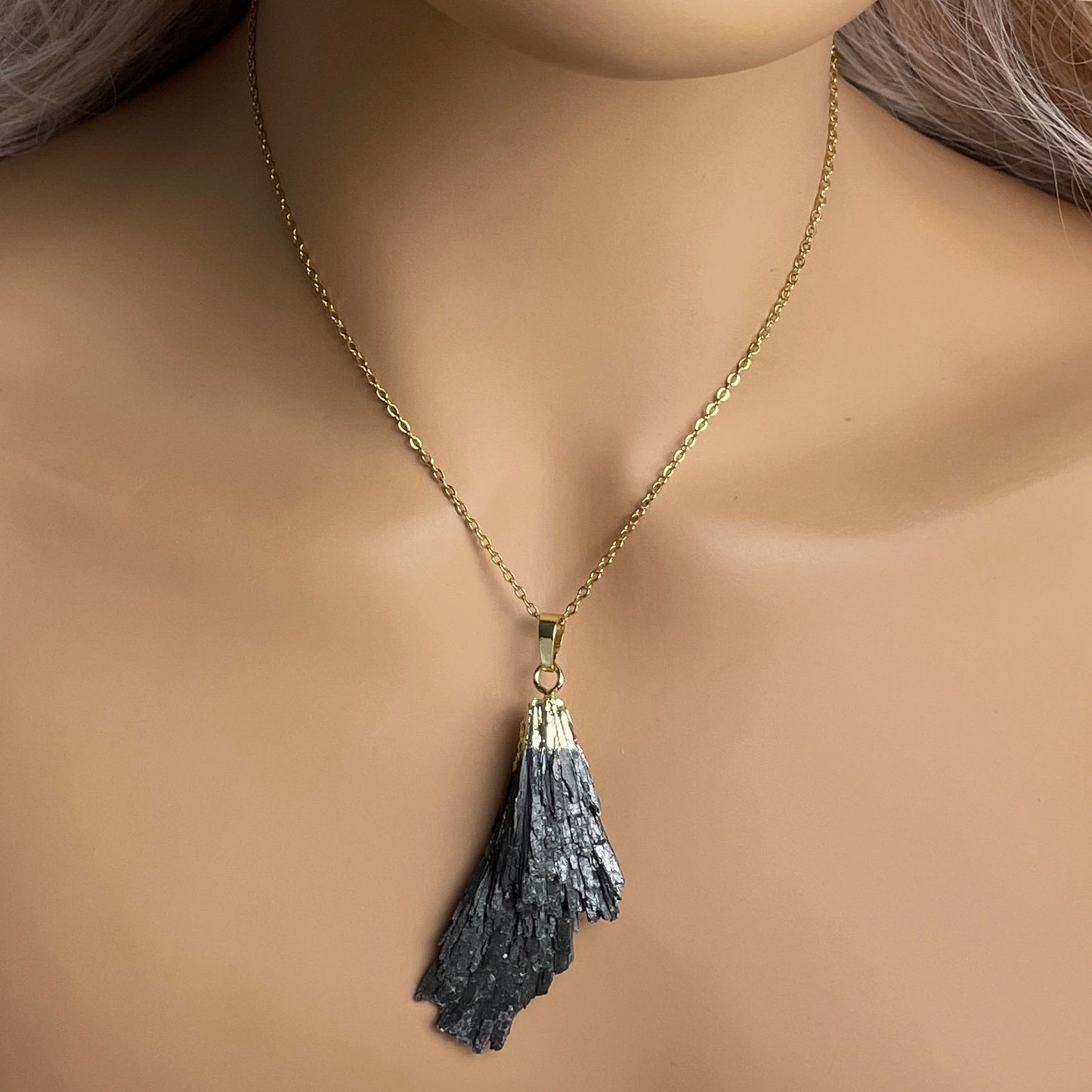 Raw Black Kyanite Pendant Necklace Gold Layer, Rustic Boho Jewelry, M7-18