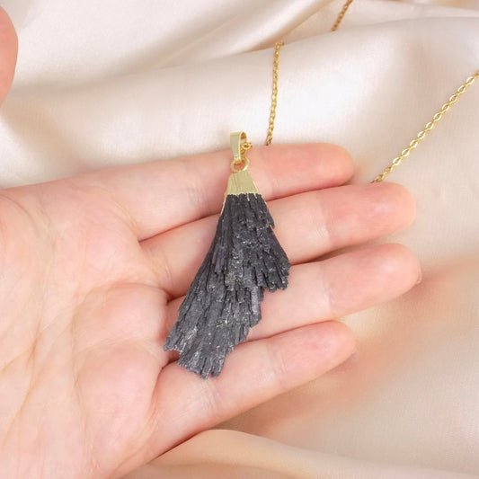 Raw Black Kyanite Pendant Necklace Gold Layer, Rustic Boho Jewelry, M7-18