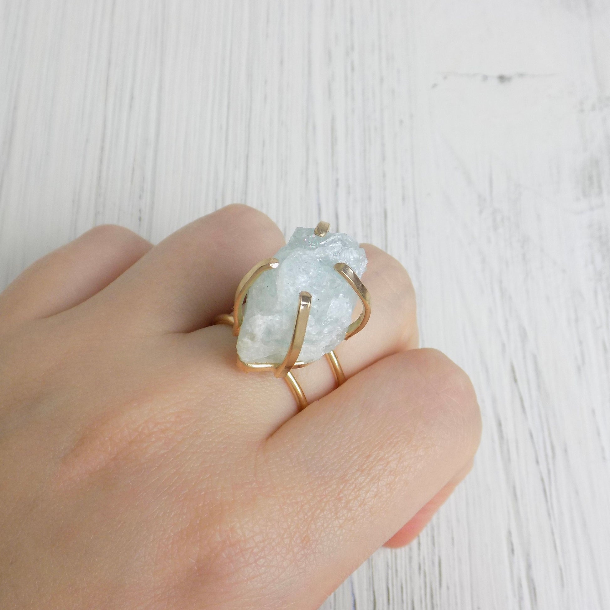 March Birthstone Raw Aquamarine Ring, Gold Adjustable Raw Stone Ring, Light Blue Crystal, G14-130