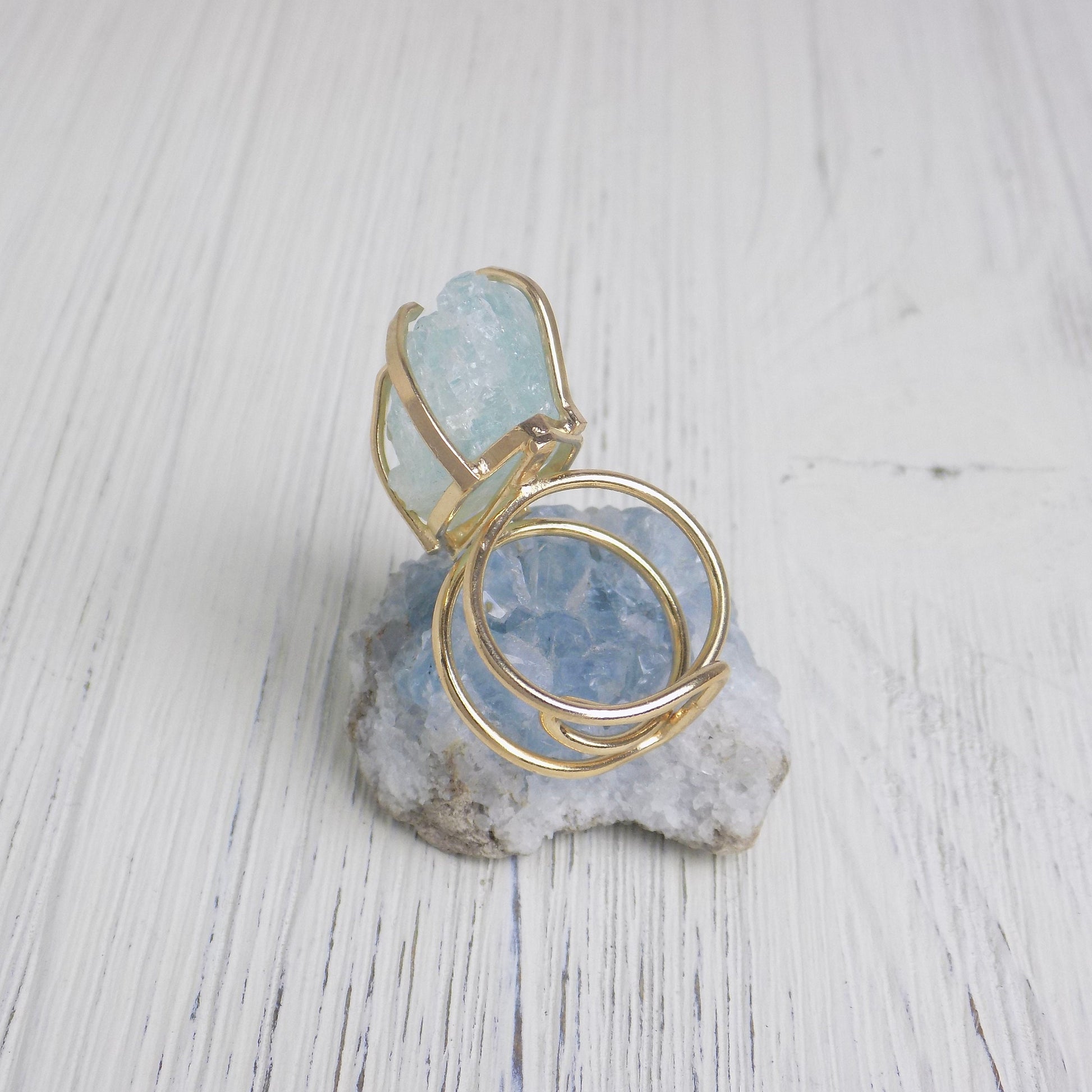 March Birthstone Raw Aquamarine Ring, Gold Adjustable Raw Stone Ring, Light Blue Crystal, G14-130