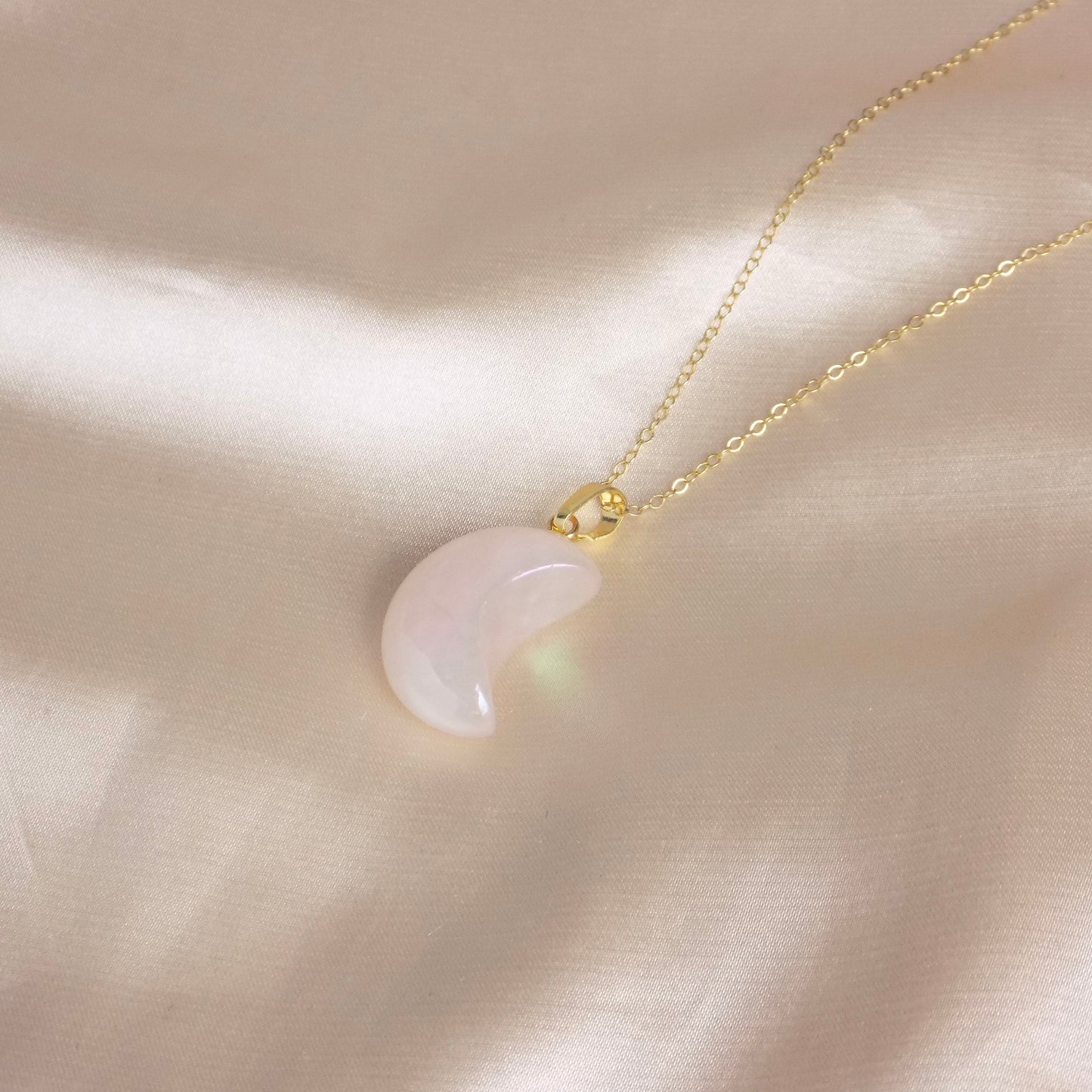 Rose Quartz Moon Pendant, Iridescent Aura Crystal Pendant, Gift Women, M7-24