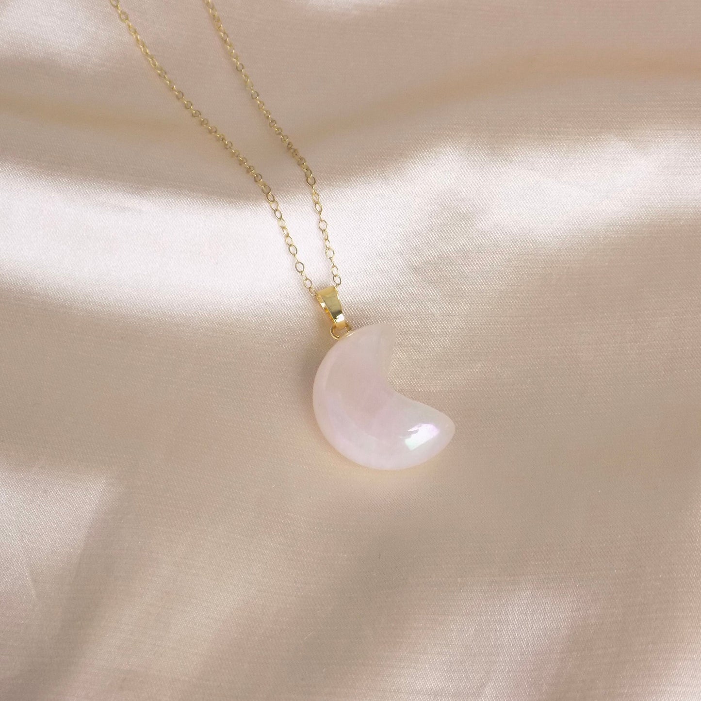 Rose Quartz Moon Pendant, Iridescent Aura Crystal Pendant, Gift Women, M7-24