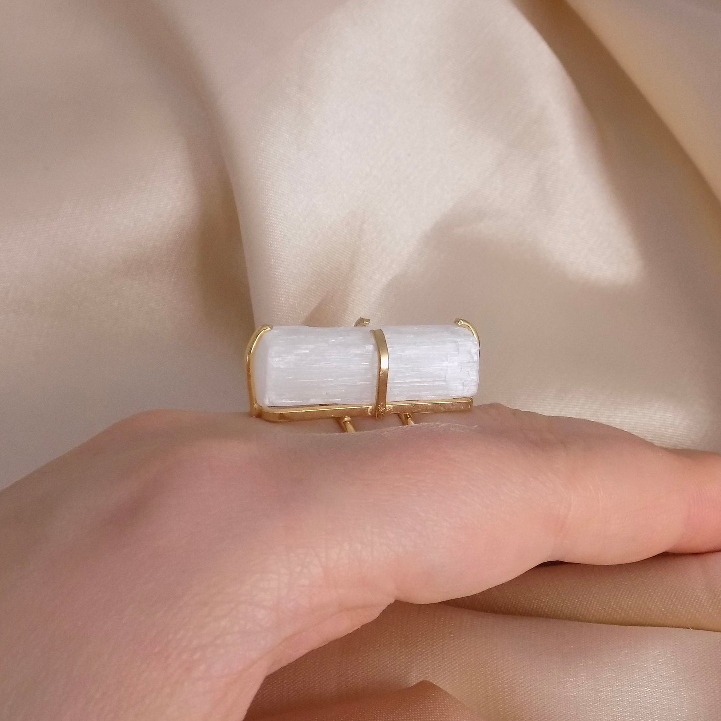 White Selenite Ring Gold, Raw Chakra Crystal Ring, Large Natural Gemstone Adjustable, Gift Women, G15-80