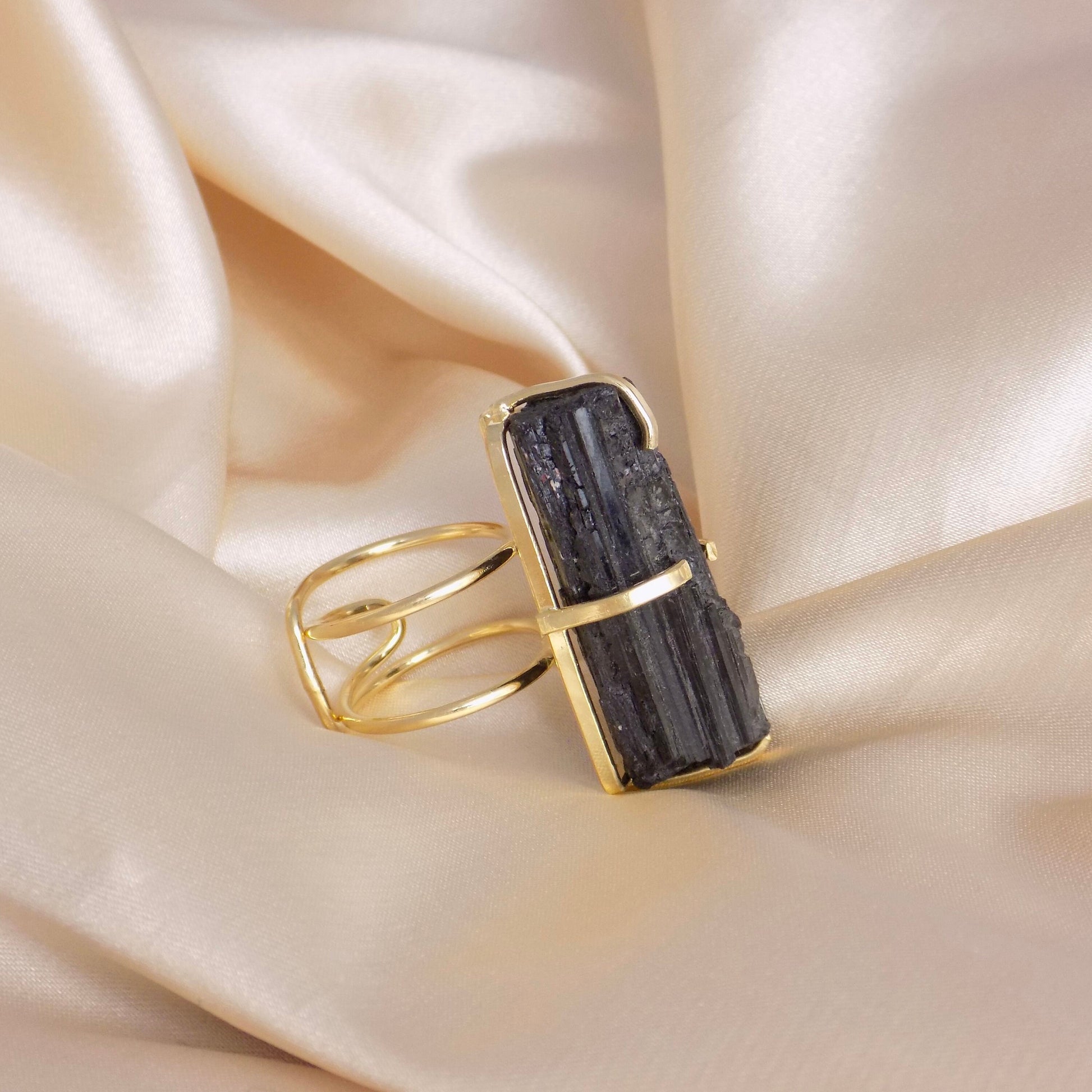 Raw Black Tourmaline Ring Gold Adjustable, Large Black Stone Statement Ring, Mothers Gifts For Her, G15-87