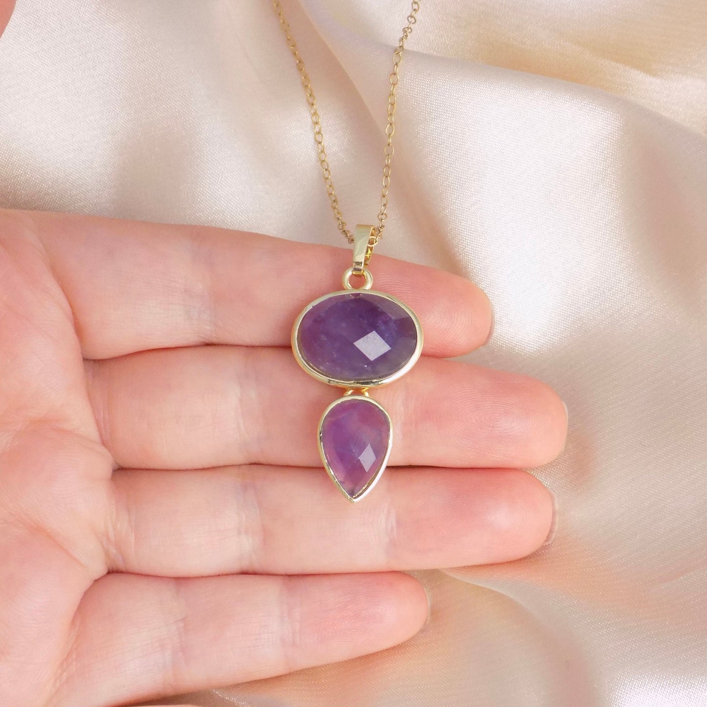 Unique Amethyst Crystal Pendant Necklace Gold, Gift For Her, M7-48