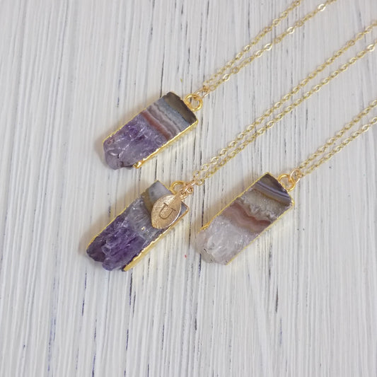 Personalized Necklace, Amethyst Necklace, Amethyst Slice, Initial Necklace, Gold Amethyst, Druzy Necklace, Purple Crystal, Long Layer R14-11