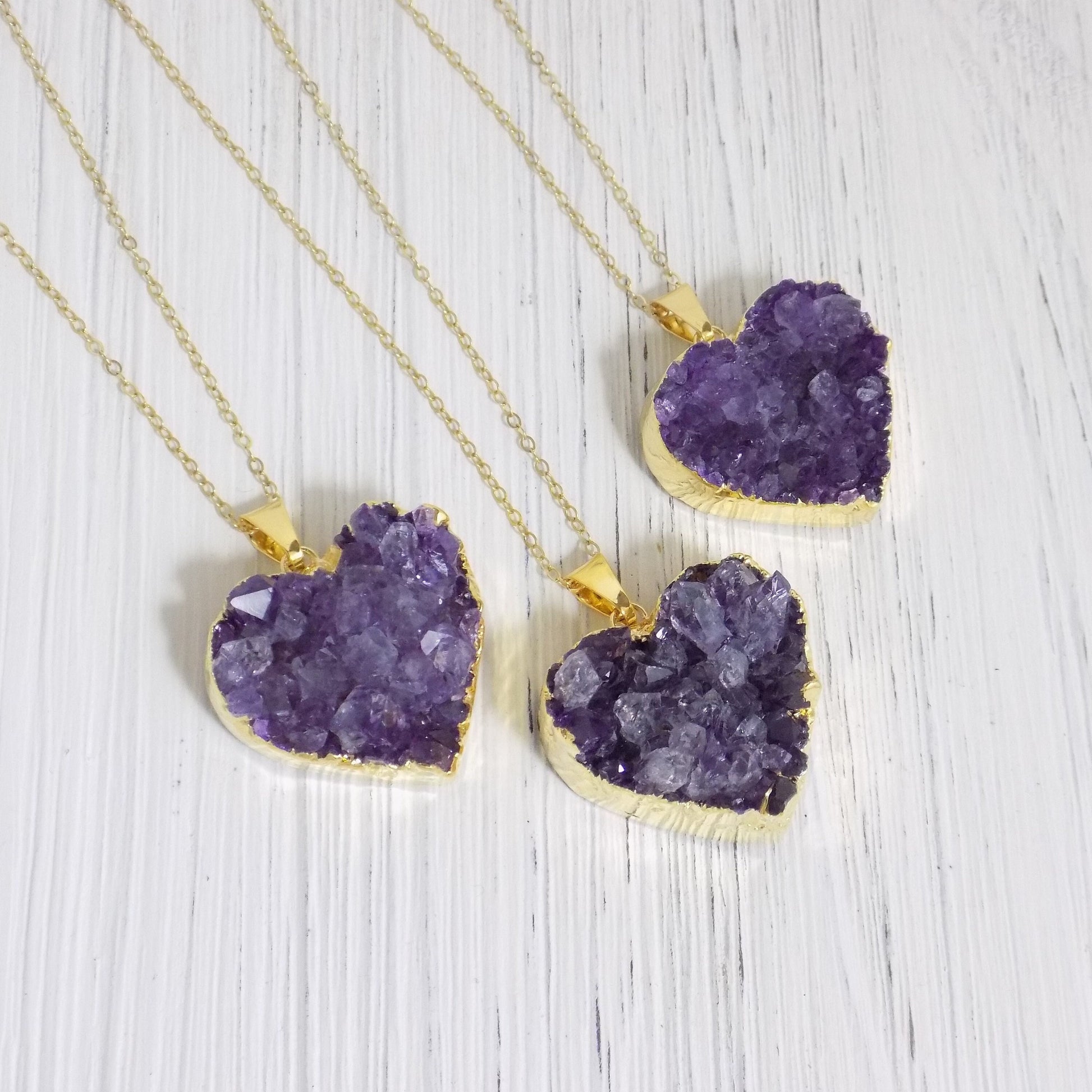 Heart Necklace, Amethyst Gemstone Necklace, Druzy Pendant, Gift Women, R11-06