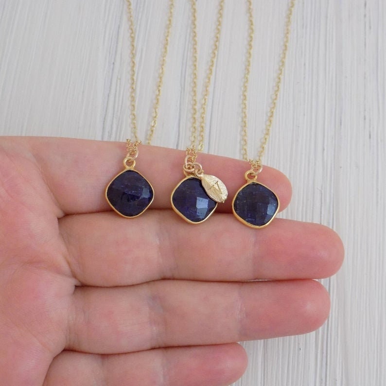 Navy Blue Sapphire Gemstone Necklace Gold Dipped with Personalized Charm, Gifts For Mom, M2-19