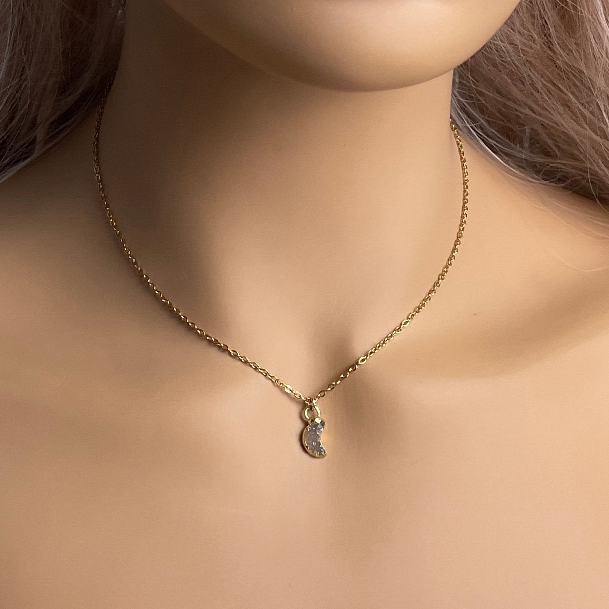 Tiny Crescent Moon Necklace Gold - Natural Druzy Crystal - Christmas Gift Women - M7-452