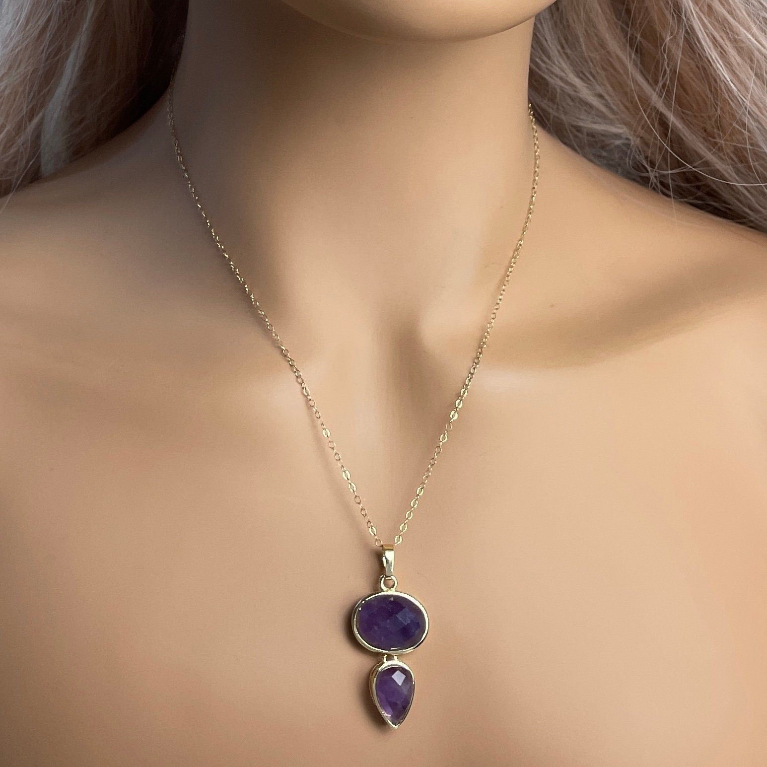 Unique Amethyst Crystal Pendant Necklace Gold, Gift For Her, M7-48