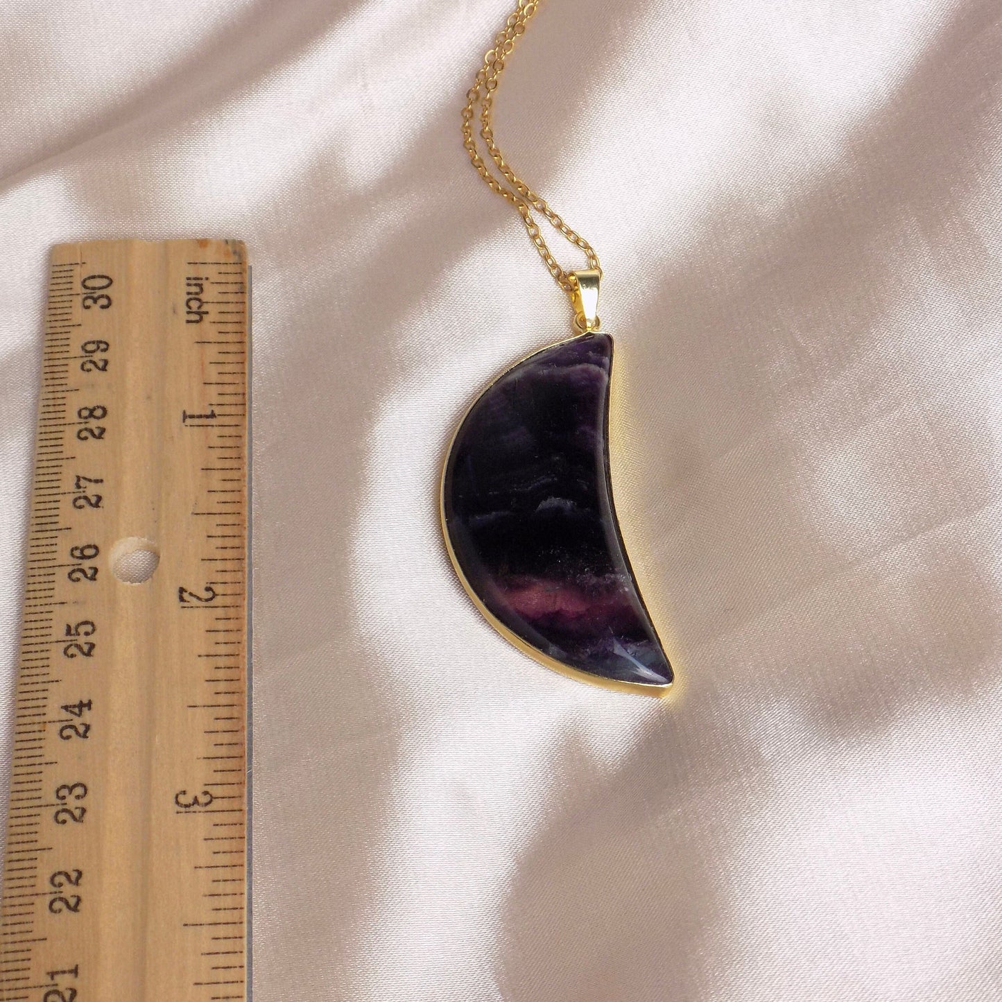 Multicolor Fluorite Necklace Gold, Large Crescent Moon Necklace Boho Layer, Gift Women, M7-57