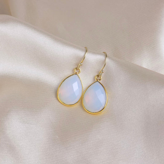 Teardrop Opalite Earrings Gold, Opal Gemstone Drop Earring, Light Blue White Crystal, October Birthstone Gift For Mom, M6-614