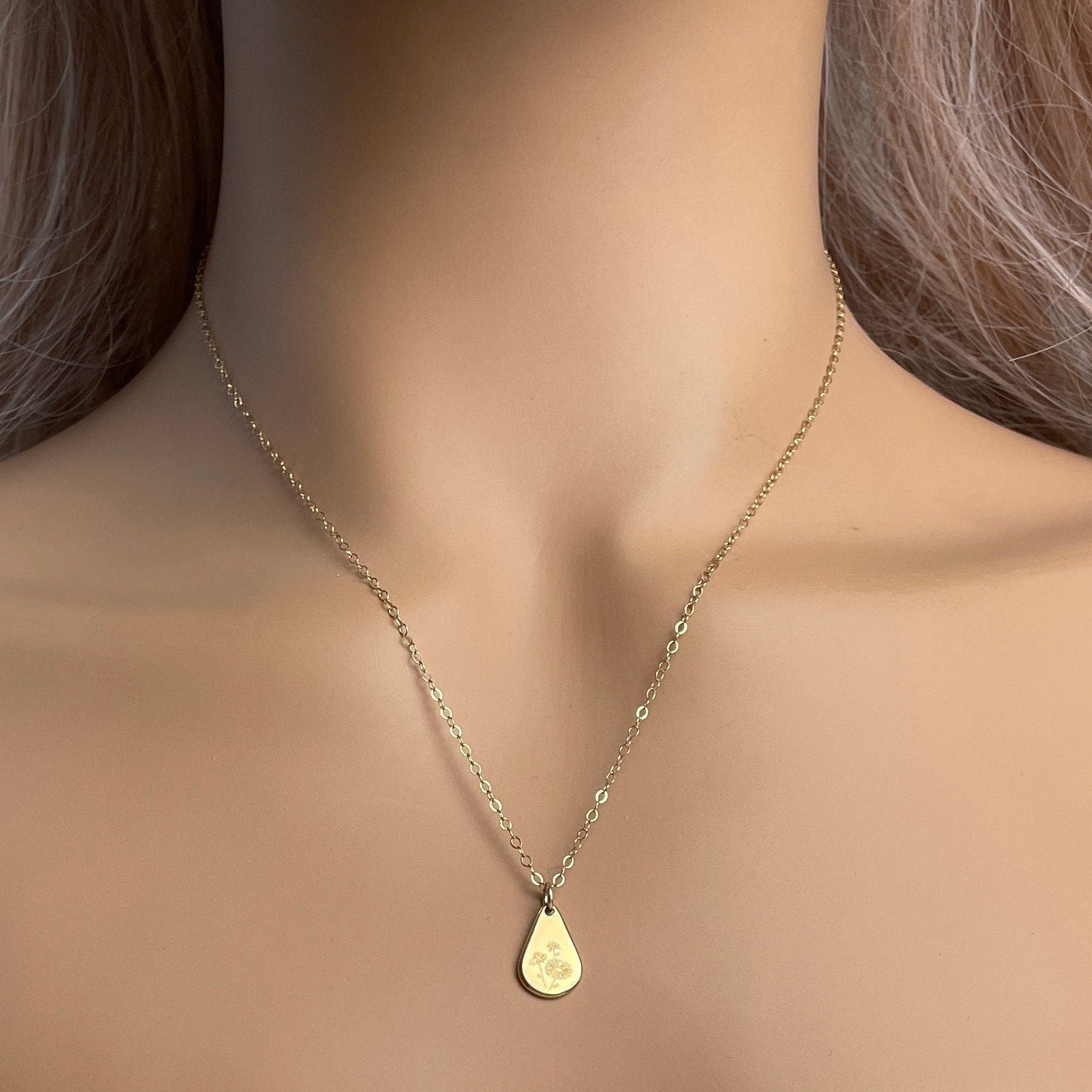 Birth Flower Necklace Gold, Teardrop Birth Flower Charm, Minimalist Layer, Personalized Gift For Her, M6-723