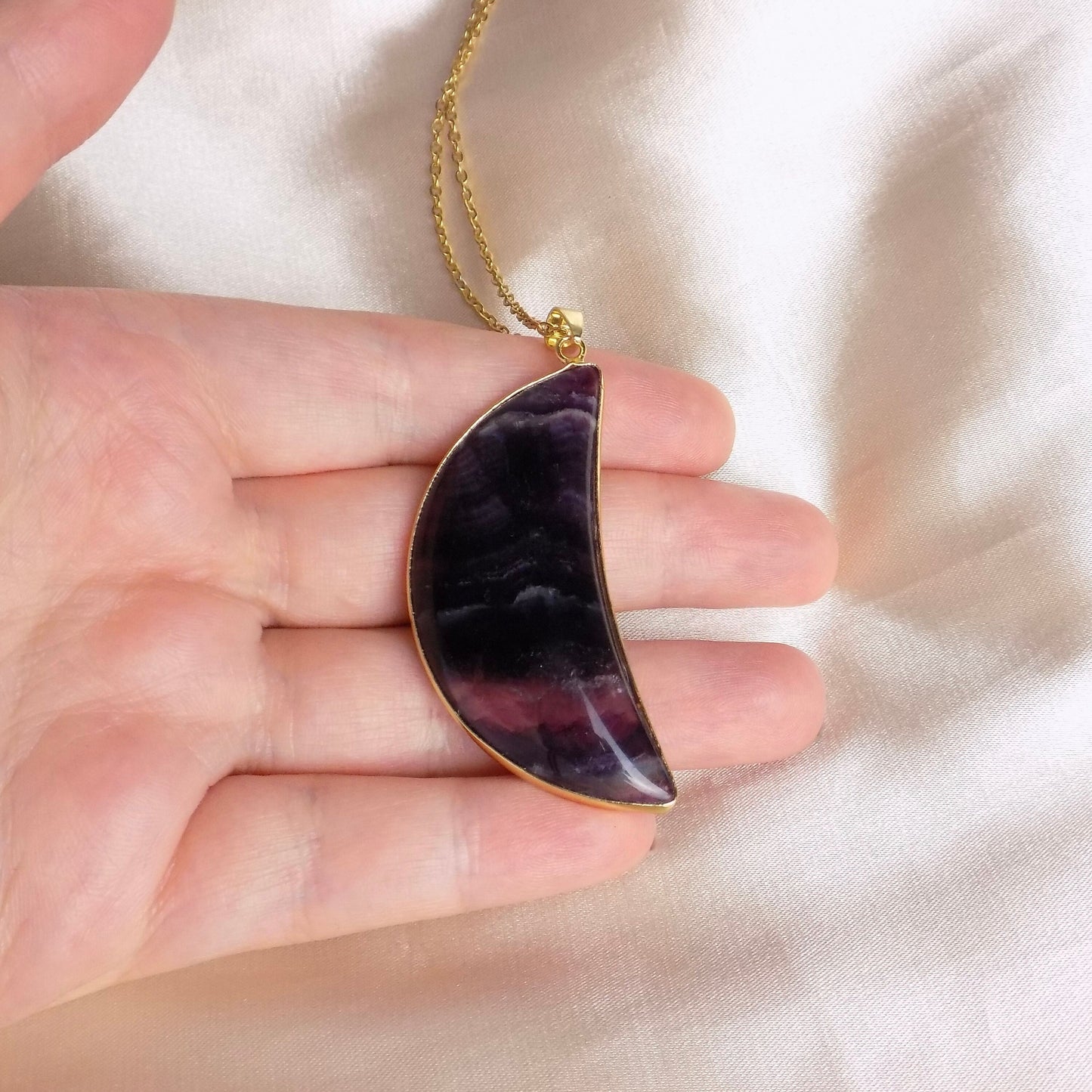 Multicolor Fluorite Necklace Gold, Large Crescent Moon Necklace Boho Layer, Gift Women, M7-57