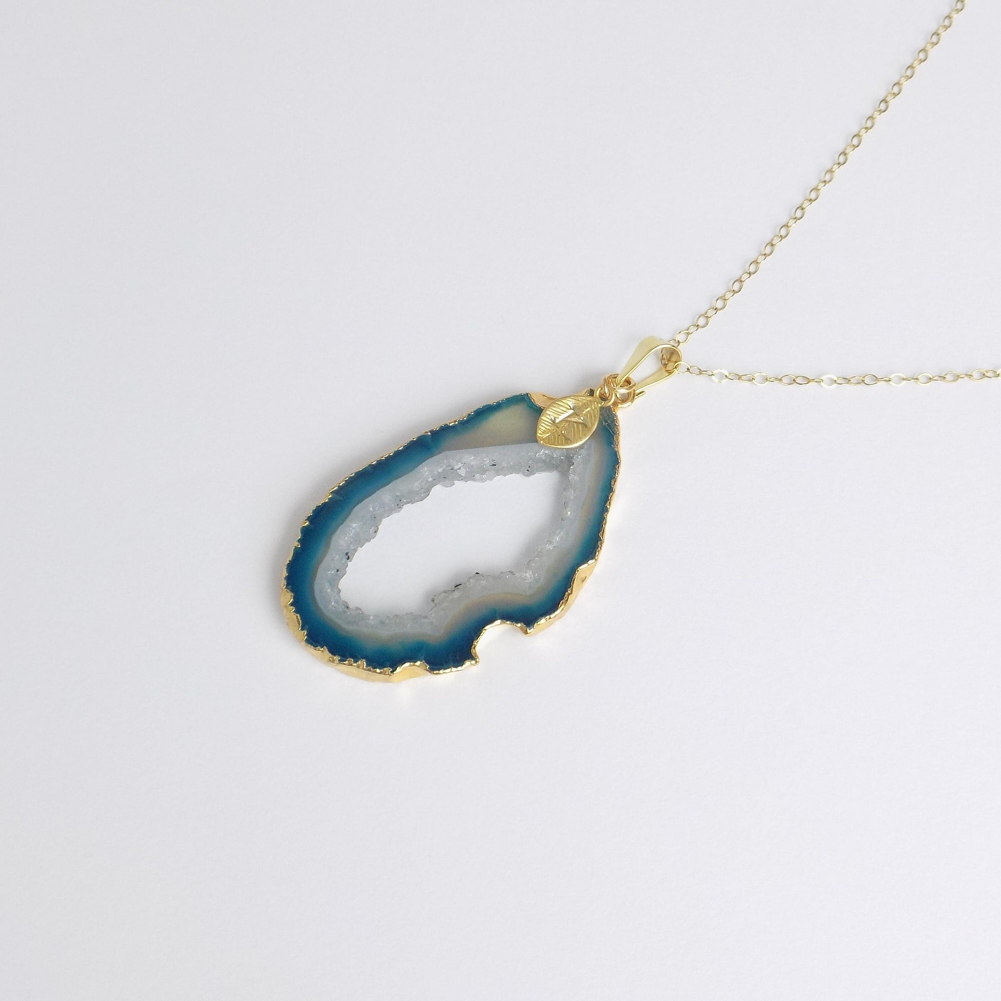 Natural Geode Slice Crystal Necklace in Teal Blue Gold Dipped with Custom Stamped Initial, G14-843