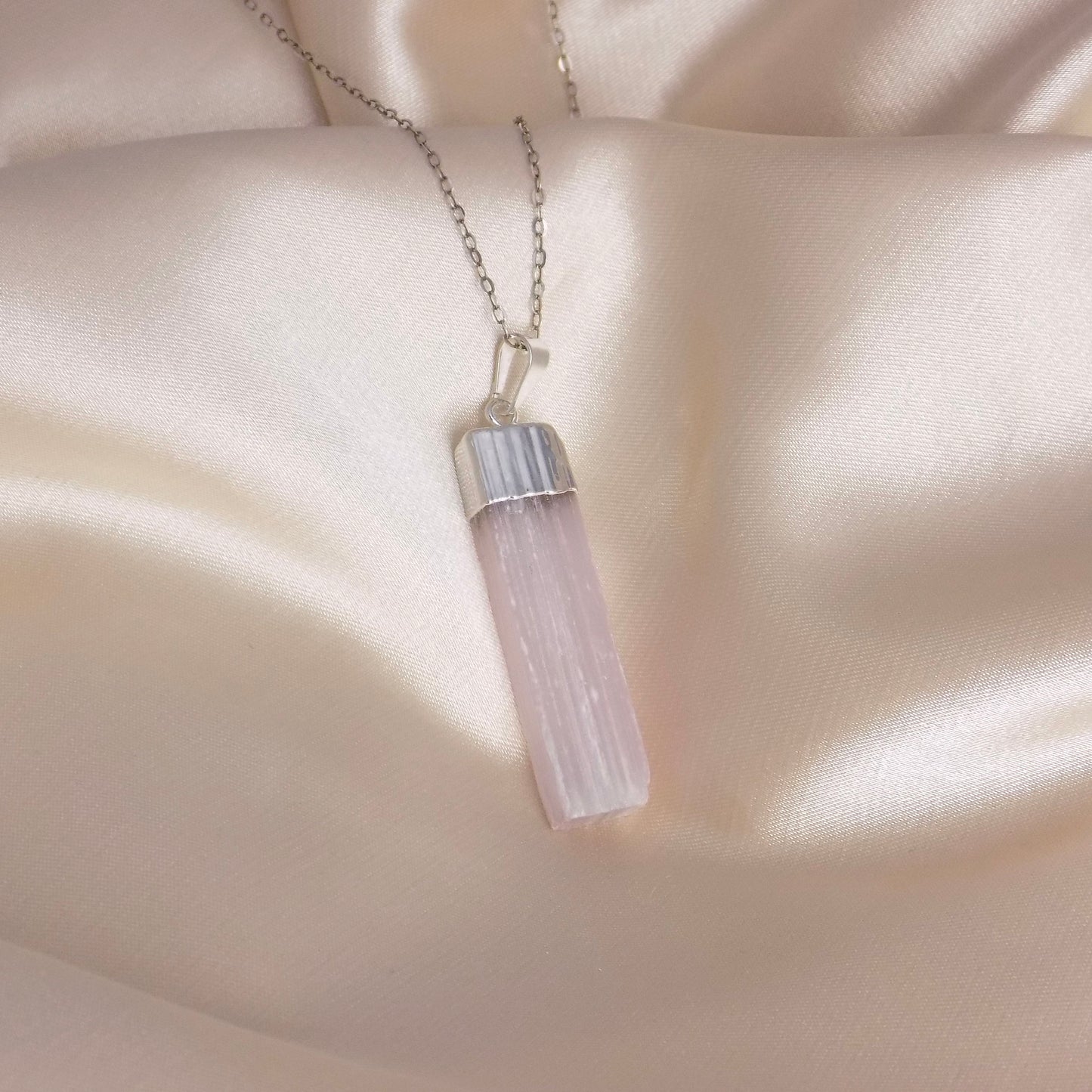 Pink Selenite Necklace Silver, Raw Selenite Natural Gemstone Pendant, Boho Cleansing Crystal Jewelry, G15-141