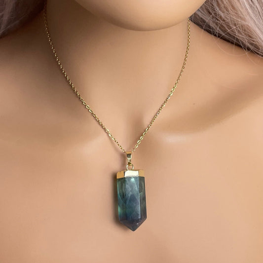 Green Fluorite Necklace, Raw Crystal Point Necklace Boho, Gold Layering, Best Friend Gift Women, M7-70