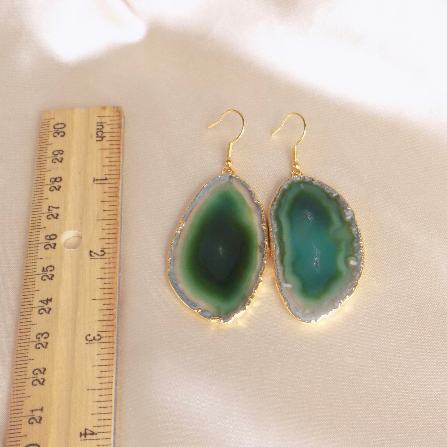 Sliced Agate Earrings, Green Dangle Drop Earrings Large Gemstone, Pierced or Clip-on, Gift For Her, G15