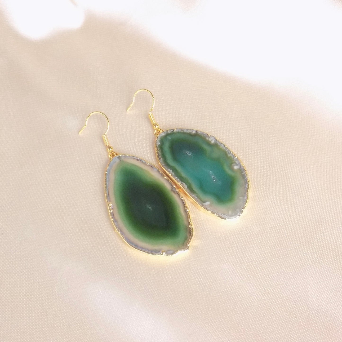 Sliced Agate Earrings, Green Dangle Drop Earrings Large Gemstone, Pierced or Clip-on, Gift For Her, G15