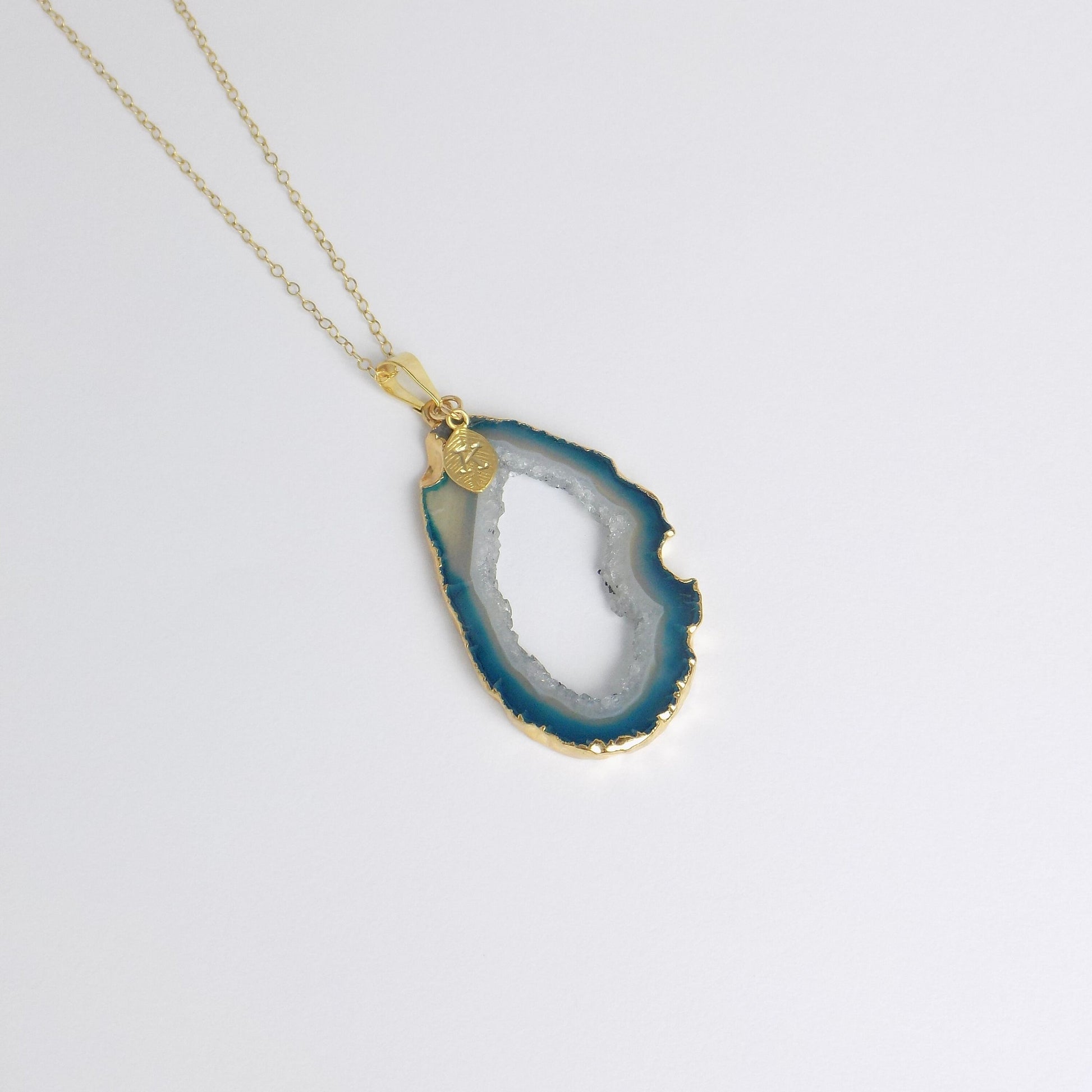 Natural Geode Slice Crystal Necklace in Teal Blue Gold Dipped with Custom Stamped Initial, G14-843