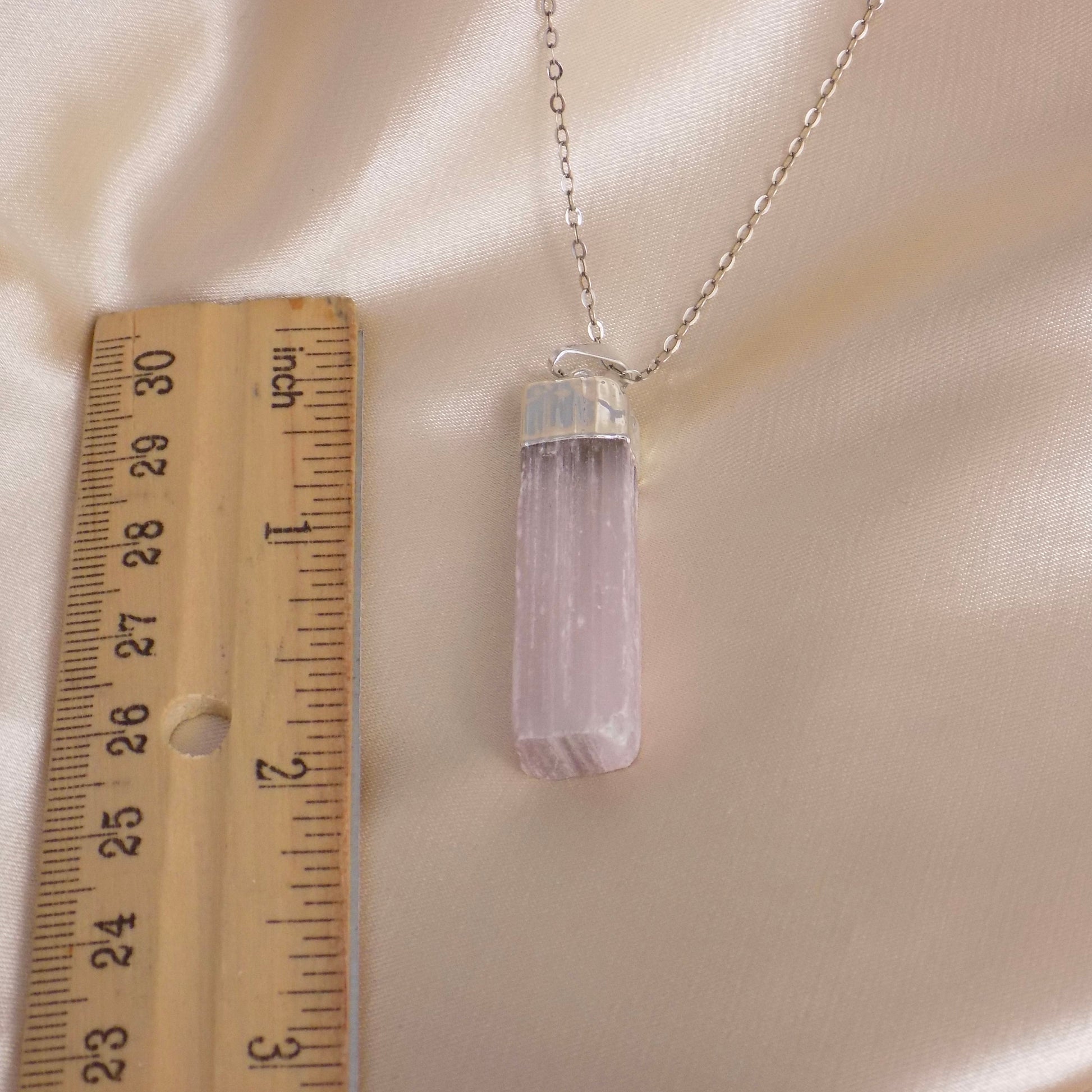 Pink Selenite Necklace Silver, Raw Selenite Natural Gemstone Pendant, Boho Cleansing Crystal Jewelry, G15-141