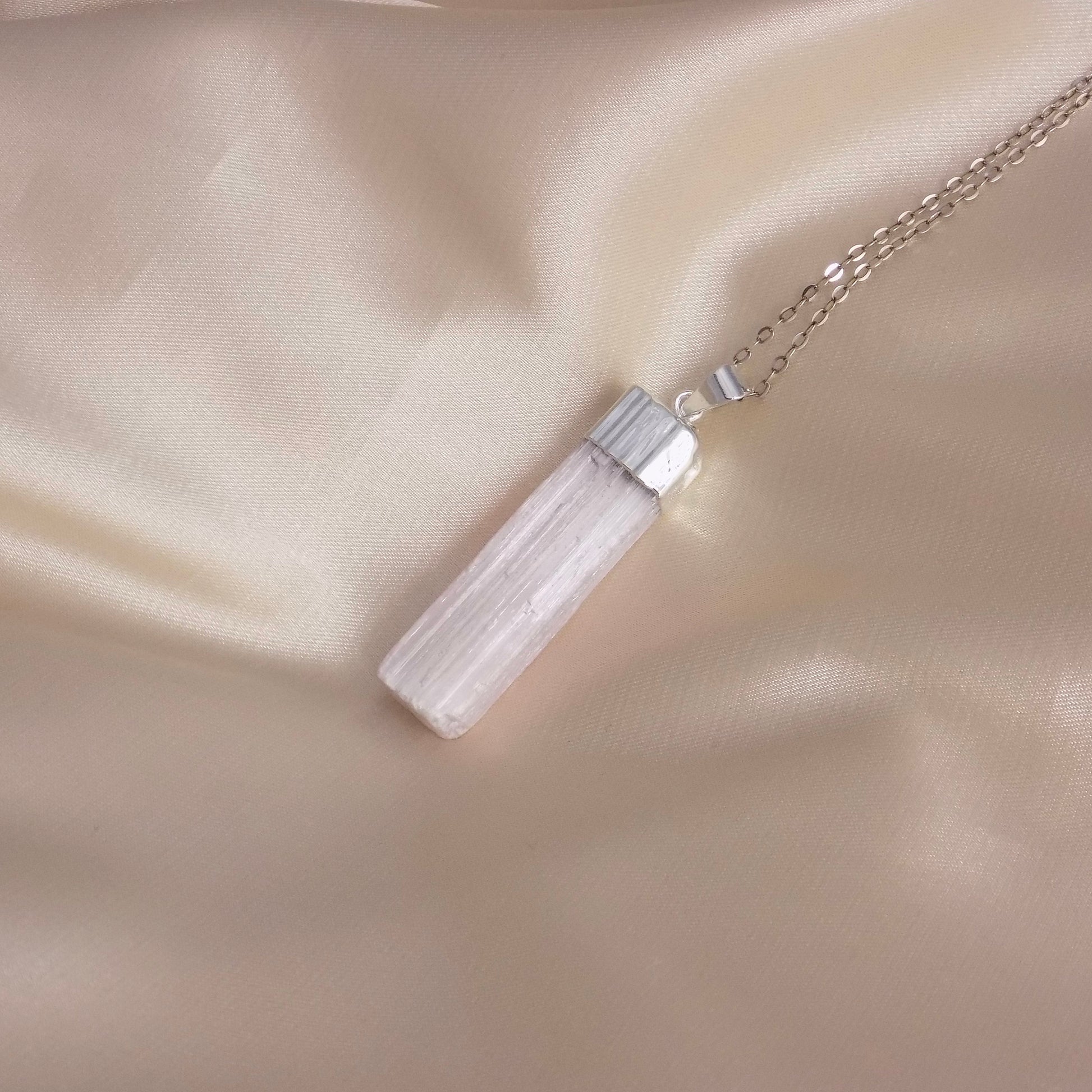 Pink Selenite Necklace Silver, Raw Selenite Natural Gemstone Pendant, Boho Cleansing Crystal Jewelry, G15-141