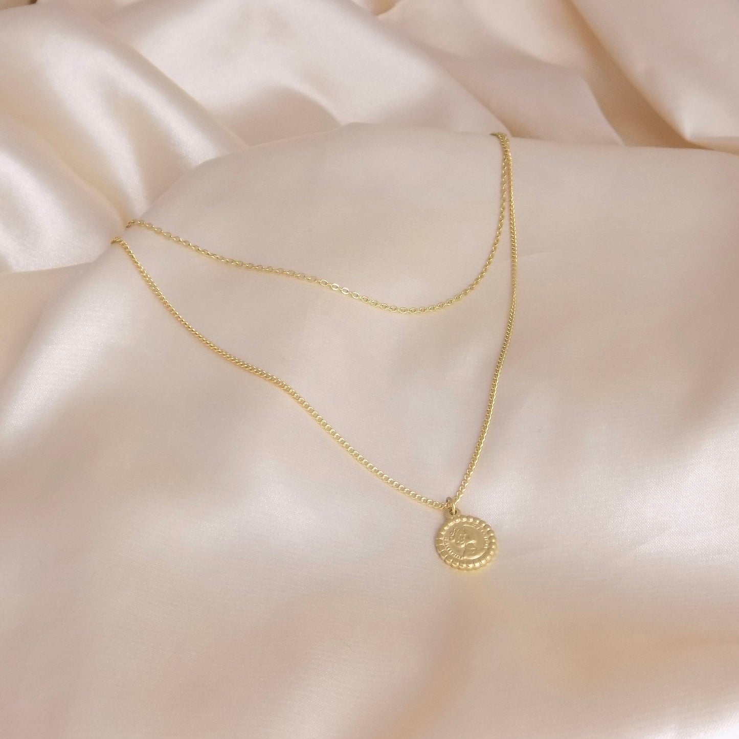 Dainty Chain Necklace Set of Two, Gold Coin Necklace, 18K Gold Stainless Steel, Minimalist Jewelry, M7-83