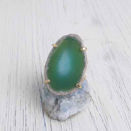 Dark Green Agate Ring, Gold Plated Adjustable Raw Crystal Ring For Women, G14-55