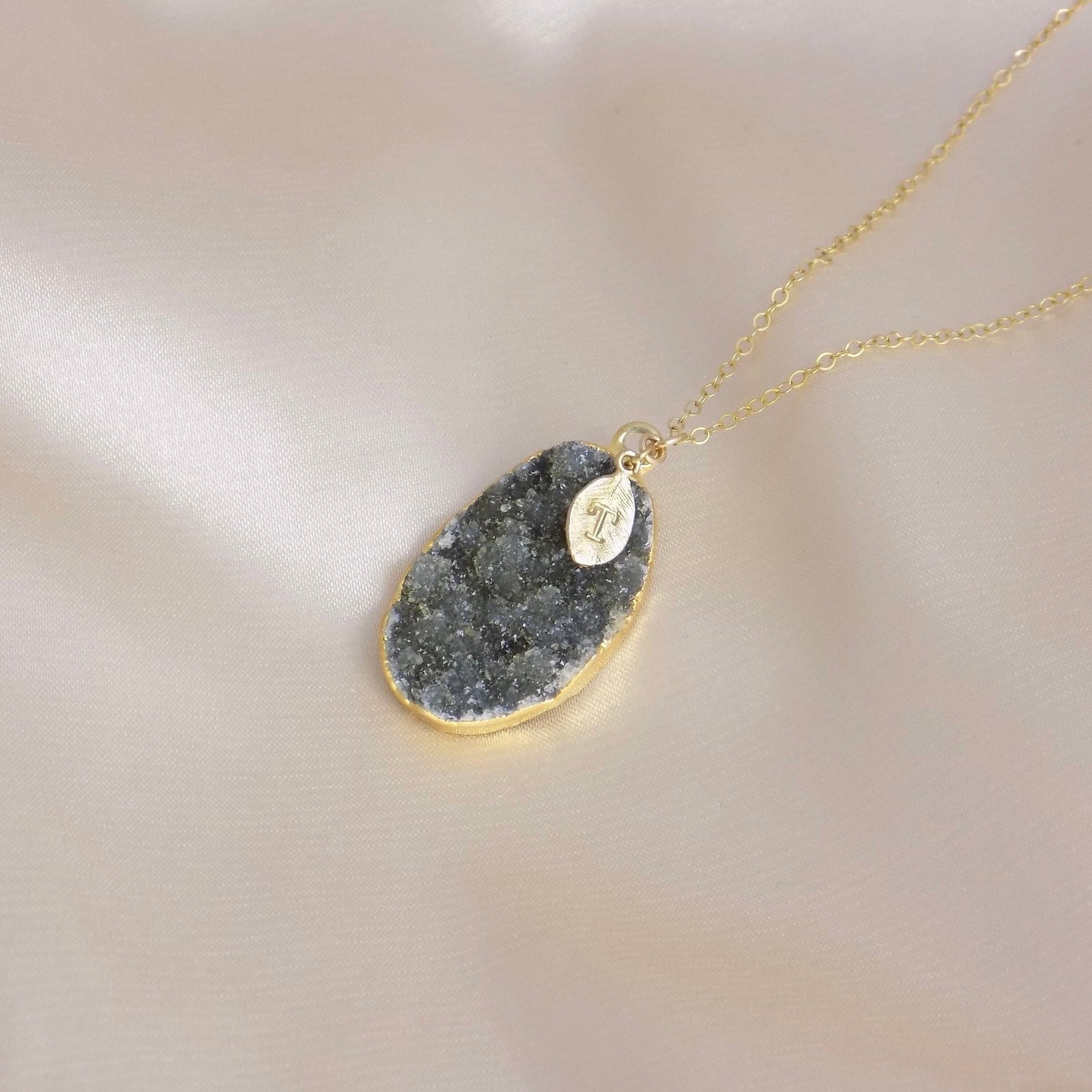 Personalized Natural Druzy Necklace Gold, Dark Gray Crystal Pendant, Christmas Gift For Her, G13-503