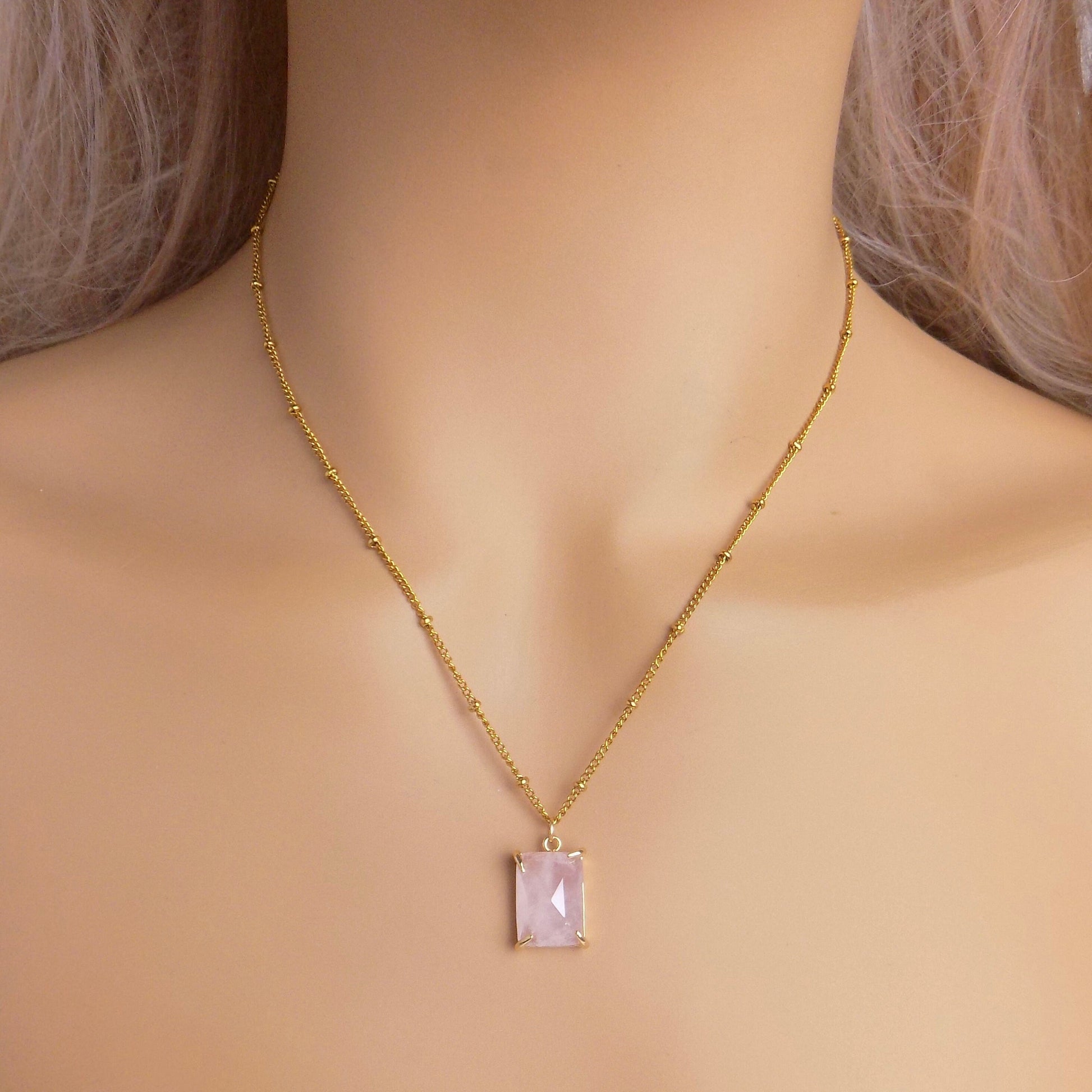 Square Rose Quartz Pendant on Satellite Chain 18K Gold Plated - Stunning Gemstone Jewelry