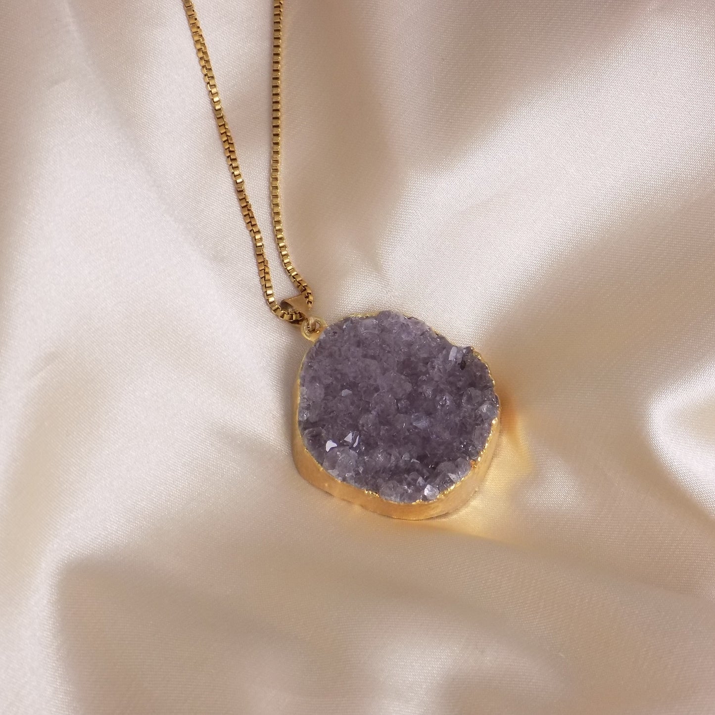 Large Amethyst Necklace Gold - Box Chain 18K Gold Stainless Steel