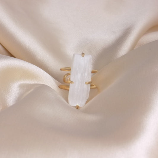 Boho White Selenite Ring Gold Plated Adjustable - Chakra Crystal Ring